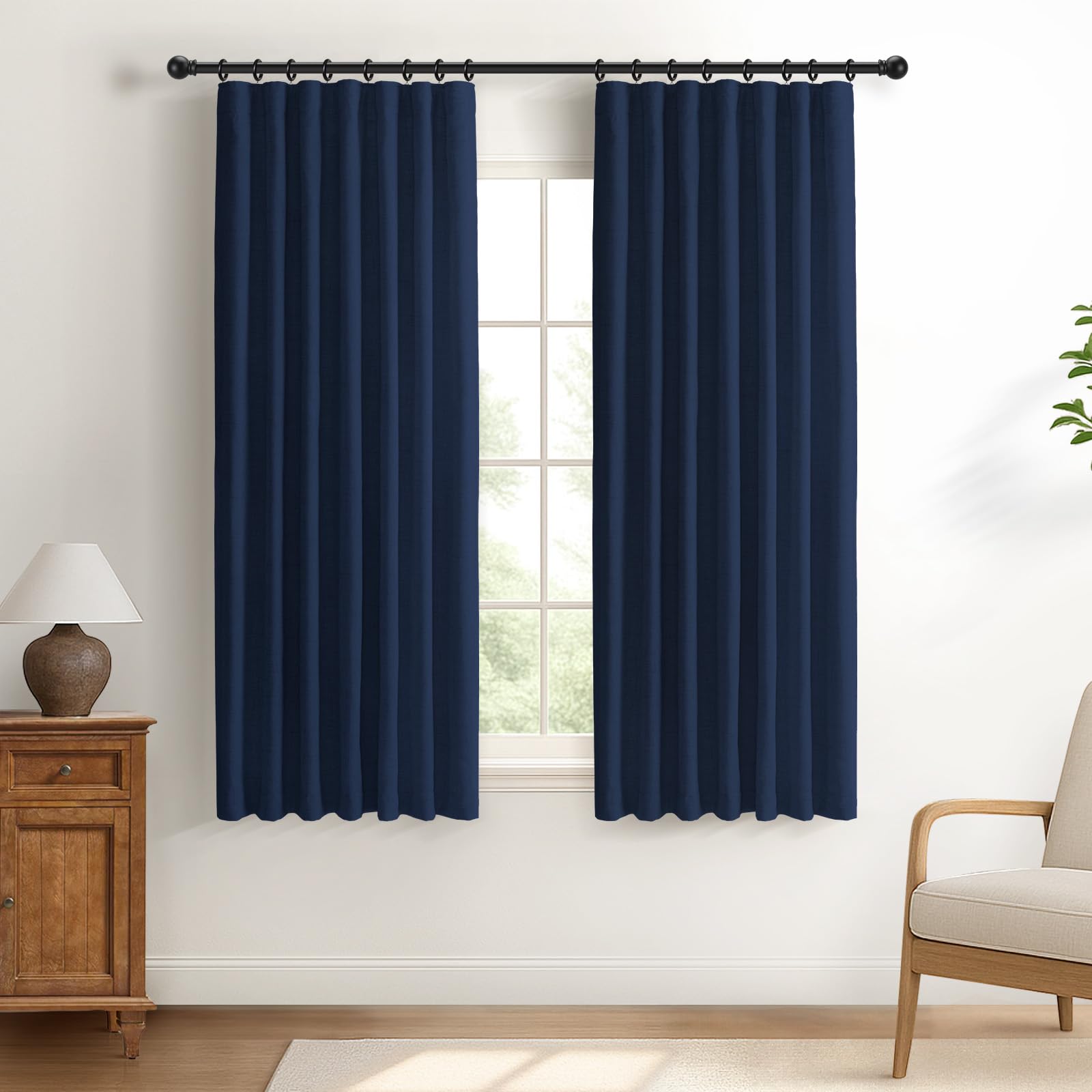 DEFYNEE 100% Blackout Curtains for Bedroom 2 Panel Set, Thermal Insulated Faux Linen Curtains with Clip Rings and Rod Pocket