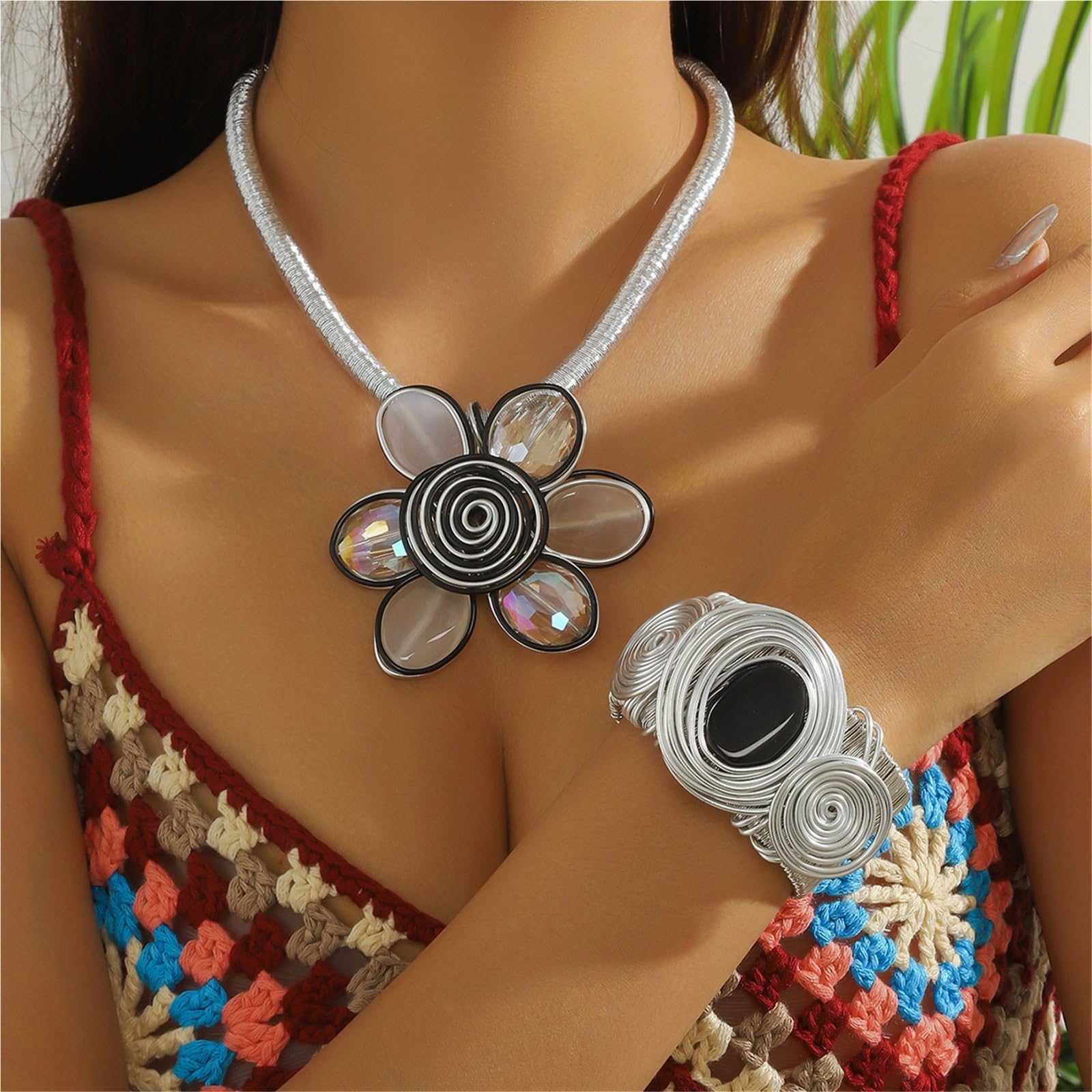 Set da spiaggia tropicale estivo, filo avvolto a mano, collana di cristalli con fiori a spirale, bracciale rigido, polsino impilabile