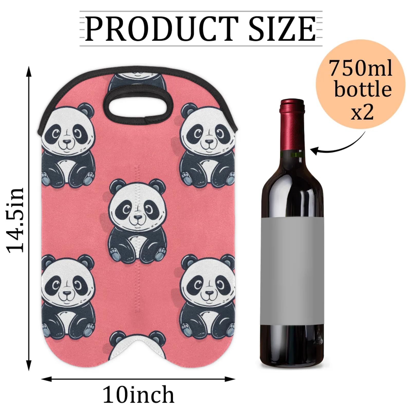 GzLeyigou 2 Bottles Cartoon Pandas Wine Bag Sleeve Totes Neoprene Protective Wine Carrier Bag for Wine,Water, Champagne, Beer, Baby Bottles,Gift 14.5 x 10 Inches