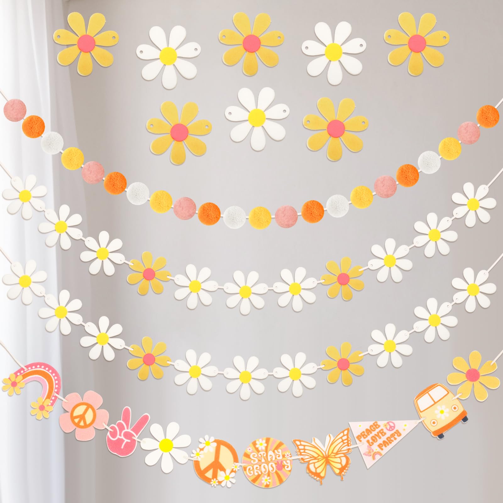 Tegeme 4 Pcs Groovy Party Decorations Garland Felt Ball Hippie Banner and Daisy Boho Garland Set with 6.5 ft Pom Pom Banner Spring Party Supplies