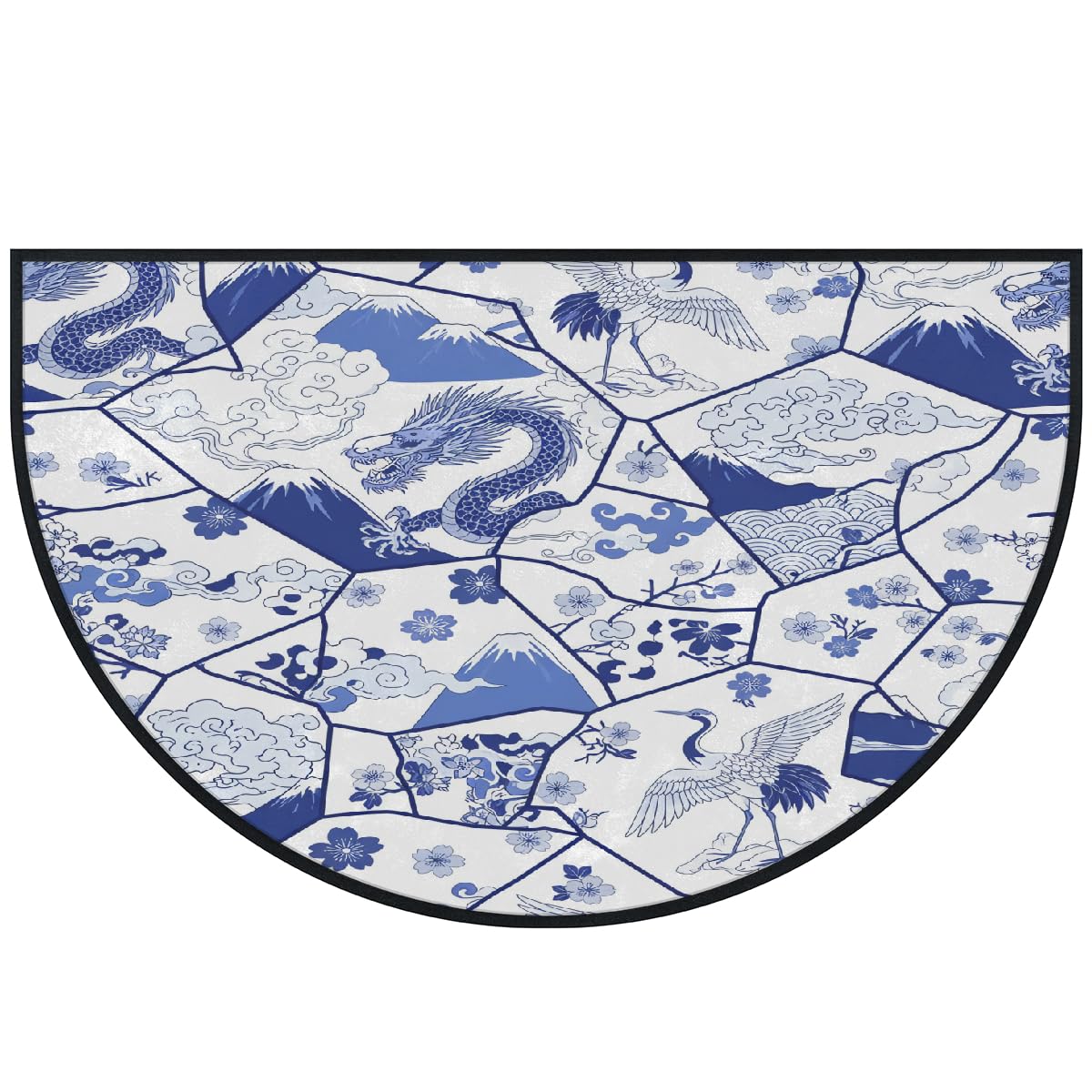 Kintsugi große halbrunde Fußmatte, blau-weißes Porzellan, waschbar, rutschfest, halbrund, Eingangsbereich, niedlich, weich, halbrund, saugfähig, Teppich für Küche, Badezimmer, Schlafzimmer