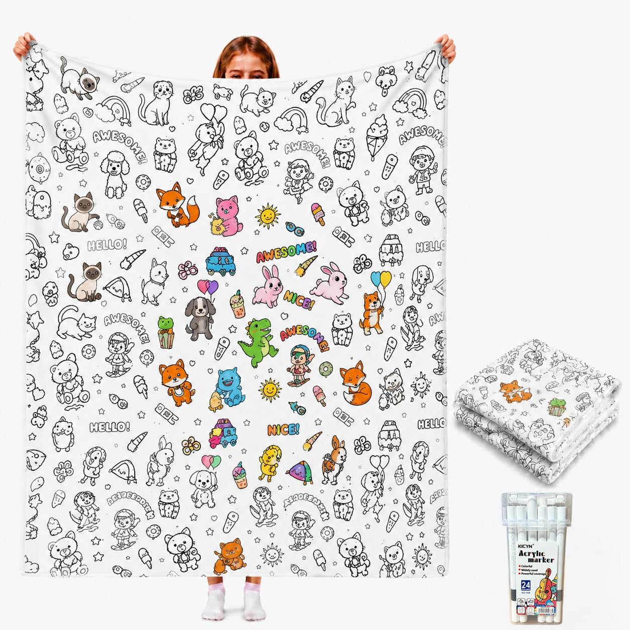 VEELU DIY Colouring Blanket for Adults with 24 Colour Markers, Colour Your Own Throw Blanket, Fun Creative Stress Relief Activity, Home Decor Perfect Birthday Gifts for Women Friends Family (Animals)