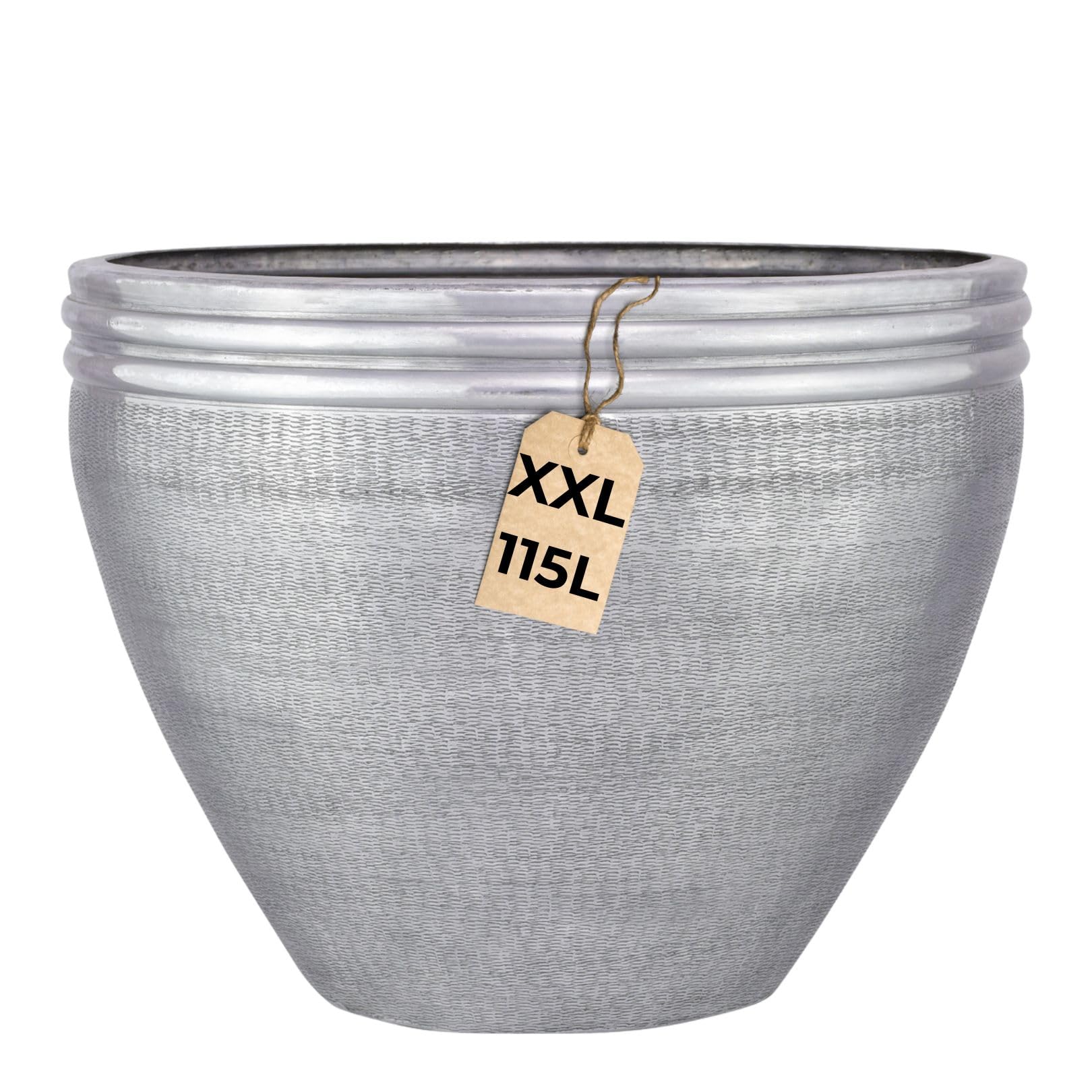 Marrakesch XXL Aluminiowa donica na kwiaty, Ø 57 cm, srebrna matowa, 115 l, duża, okrągła, do użytku na zewnątrz, do wnętrz, do ogrodu, na balkon i do salonu