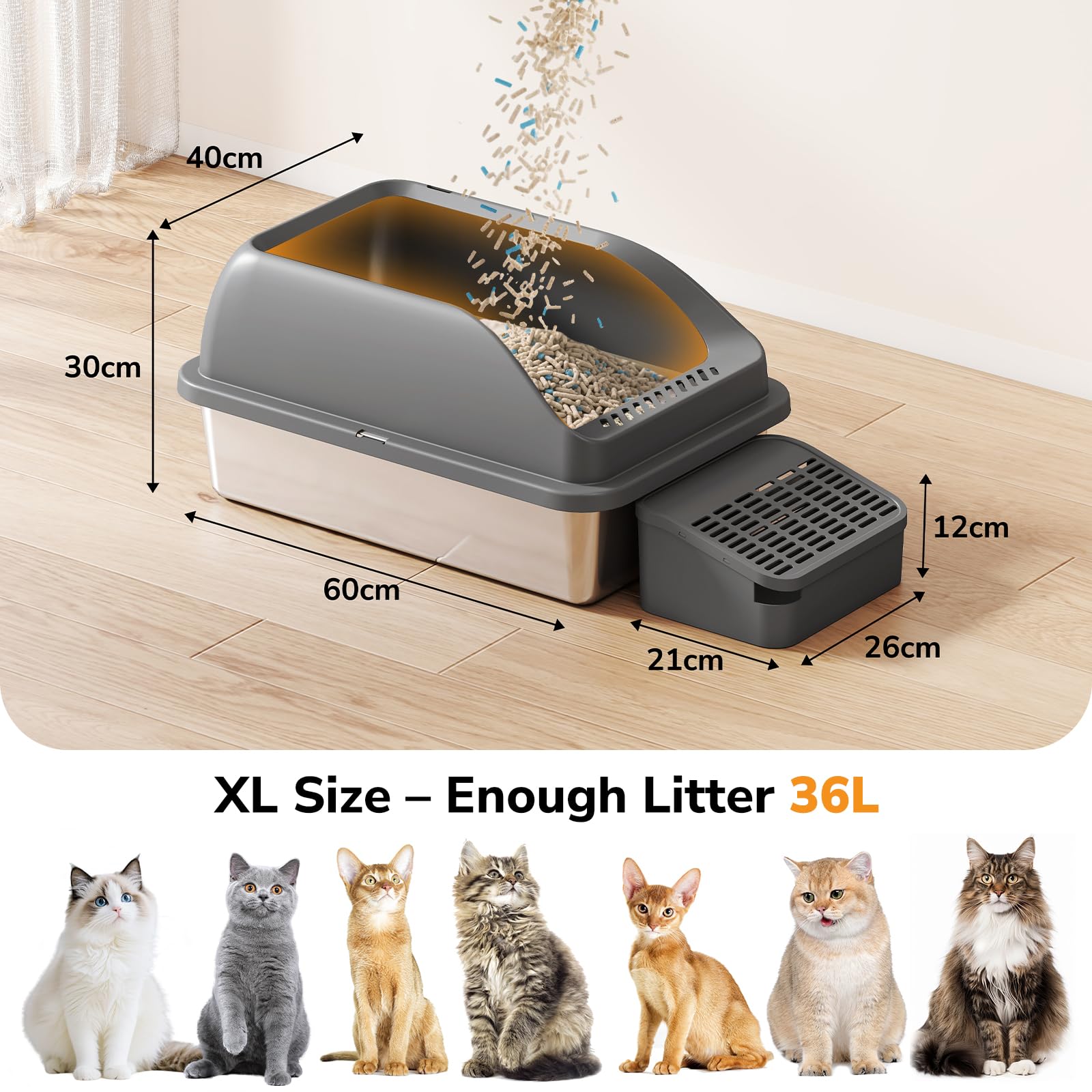 Zivacate Lettiera per Gatti in Acciaio Inox (XL, 60×40cm) – Cassetta con Ingresso Inclinato, Bordi Alti, Paletta, Pedana per Recupero Sabbia, Antiodore e Facile da Pulire, Grigia