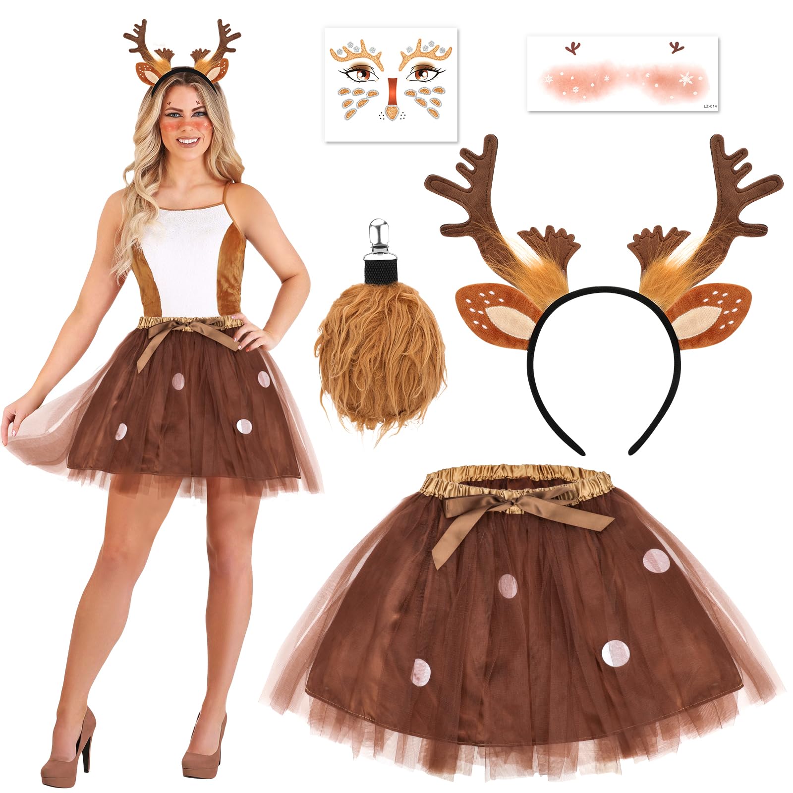 Beipegin 5 Piece Reindeer Costume Adult,Tutu Skirt with Reindeer Antlers Headband Tails Face Temporary Tattoos Deer Fancy Dress Halloween Christmas Costume Cosplay Outfits for Women Girls