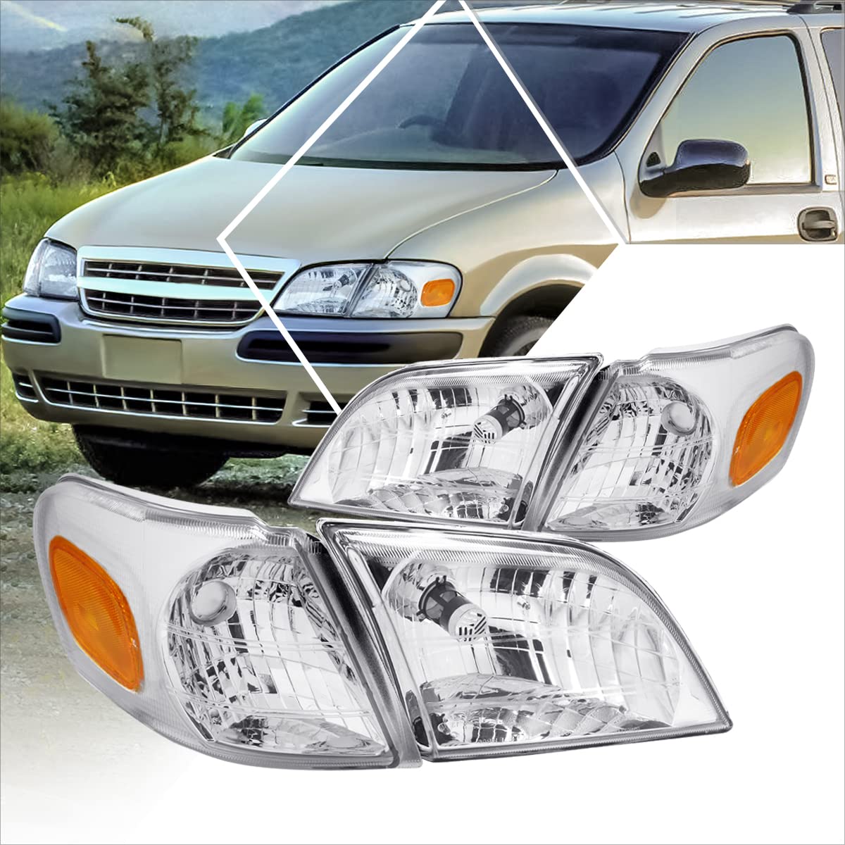 PM PERFORMOTOR [4Pcs-Set] Headlights Assembly+Corner Lamps Compatible with Venture Montana 1997-2005,Chrome Housing/Amber Corner