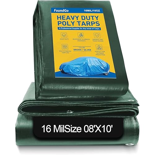 FoundGo 8′X 10′Heavy Duty Tarps 16mil, Super Thick Tarp Cover Waterproof Poly Tarpaulin with Grommets UV Resistant for Canopy, Roof Tent, Boat, Patio, RV, Pool or Camping（green）