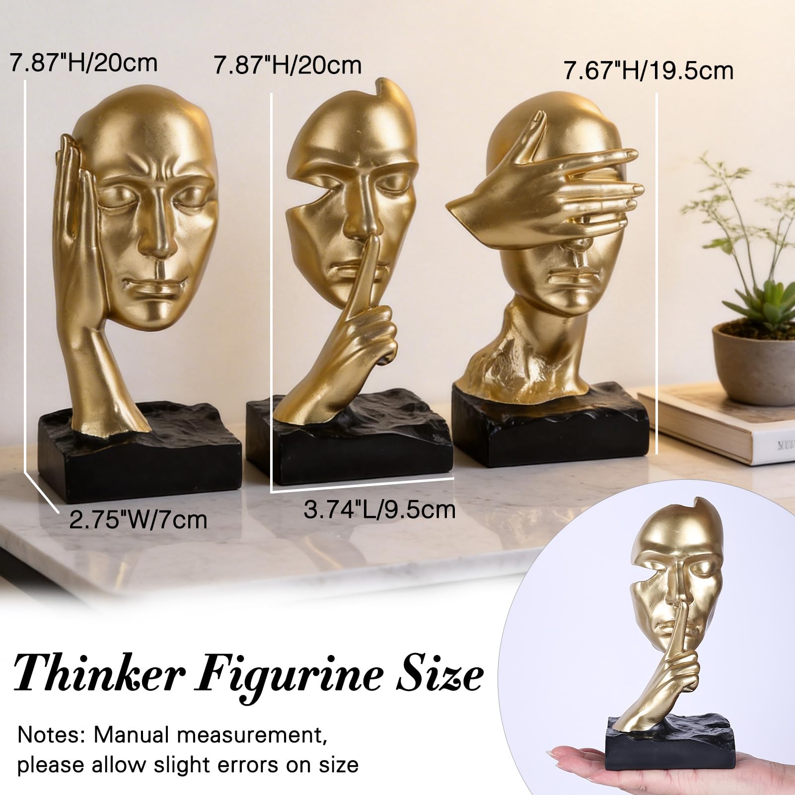 Set di 3 statue del pensatore con scritta in inglese "See No Evil Hear No Evil Speak No Evil, No Evil, No Evil, Scultura astratta, in resina, decorazione per casa, ufficio, soggiorno, mensola
