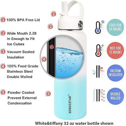 Miniatura 73 de SENDESTAR Botella de agua de acero inoxidable, botella de agua de boca ancha de 24 onzas con tapa con popote, tapa de boquilla, doble pared aislada