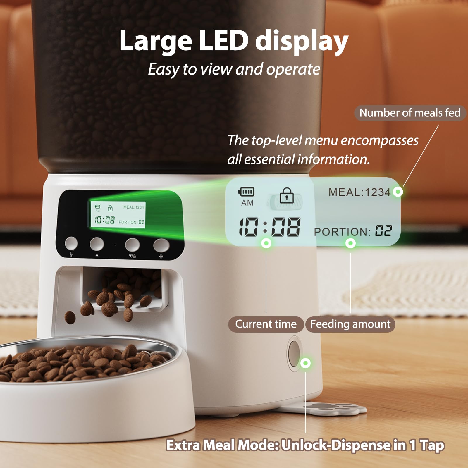 Automatic Cat Feeder, 4L/16Cups Cat Food Dispenser with Stainless Steel Bowl 30 Portions 6 Meals per Day, Programmable Auto Cat Feeder for Kitty Small Dogs with 10S Voice Record, White - image 4