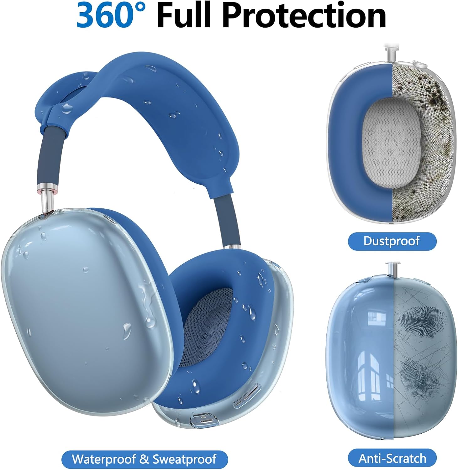【4 in 1】 Protective Kit for AirPods Max Case Cover, Clear TPU Ear Cups Cover + Silicone Ear Pads Case + Headband Covers, Transparent Silicone Accessories for Apple AirPods Max USB-C (2024/2020), Blue - Image 4