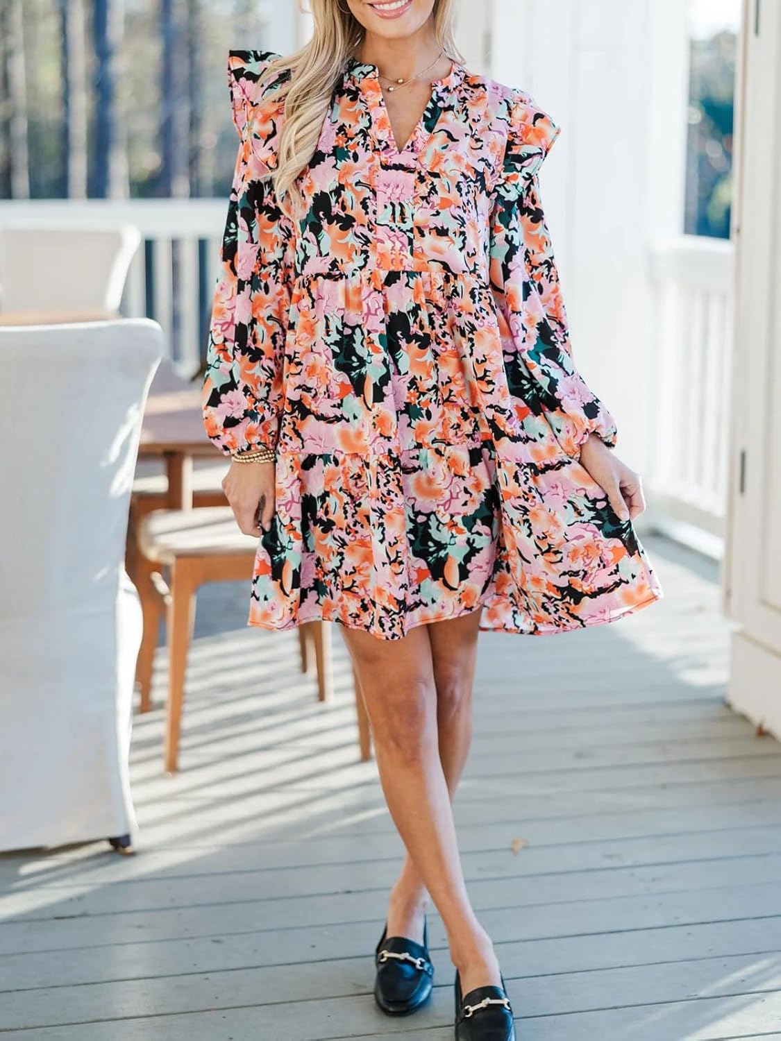 hibshaby Womens Casual Floral Mini Dress 2025 Fall Long Sleeve V Neck Babydoll Loose Boho Shirt Dresses - Image 6