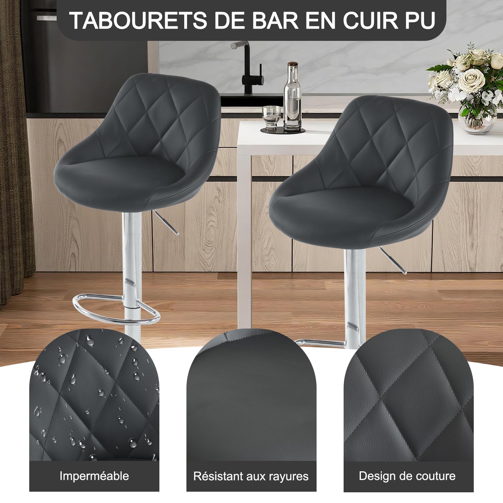 LEADZM Tabouret de Bar Lot de 2 Chaise de Bar Réglable Hauteur en PU Rotatif sur 360°, avec Dossier et Repose-Pieds (Noir)