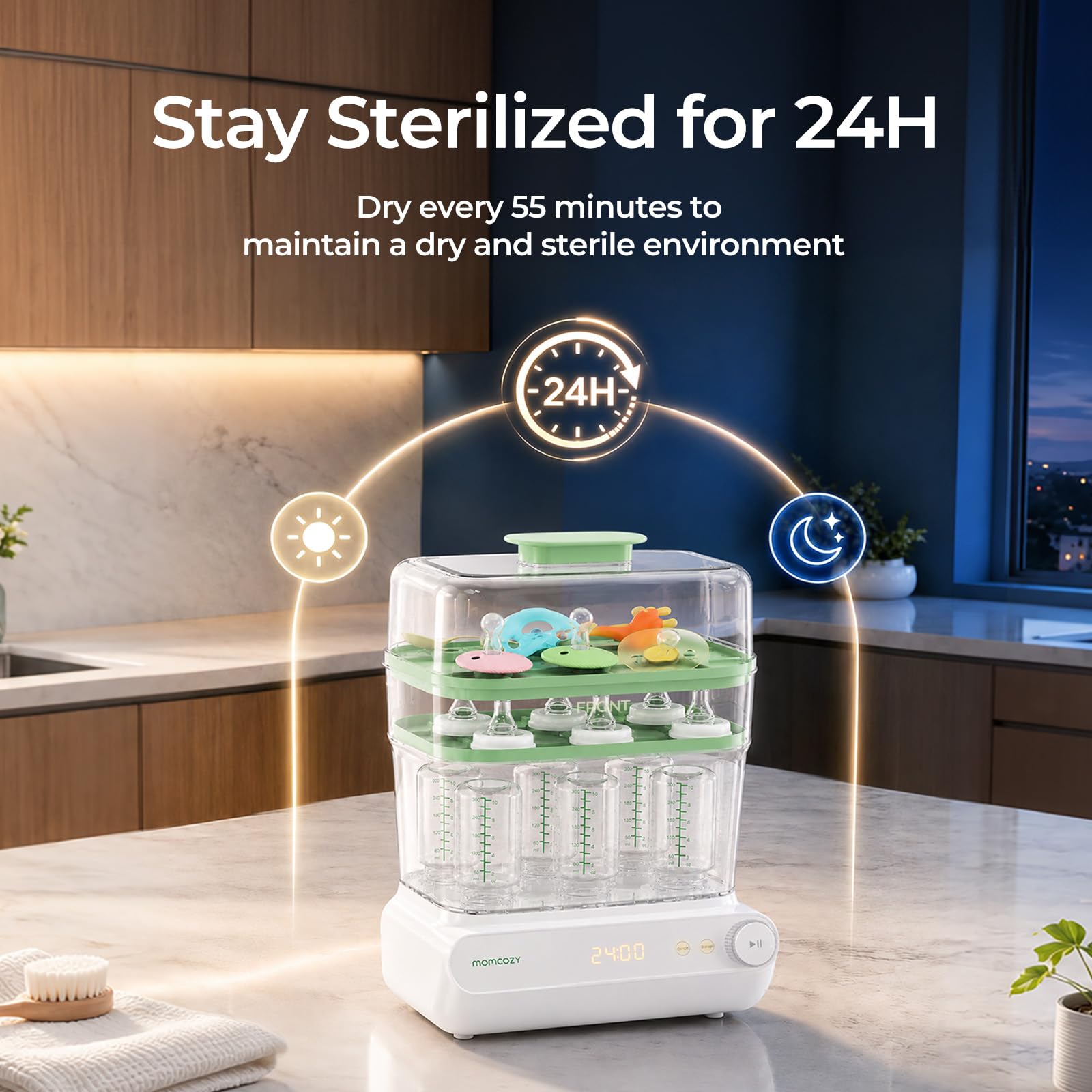 Momcozy Esterilizador y secadora de botellas grandes de 3 capas, esterilización y secado rápido, esterilizador universal de botellas para todos los biberones y accesorios para sacaleches, pantalla