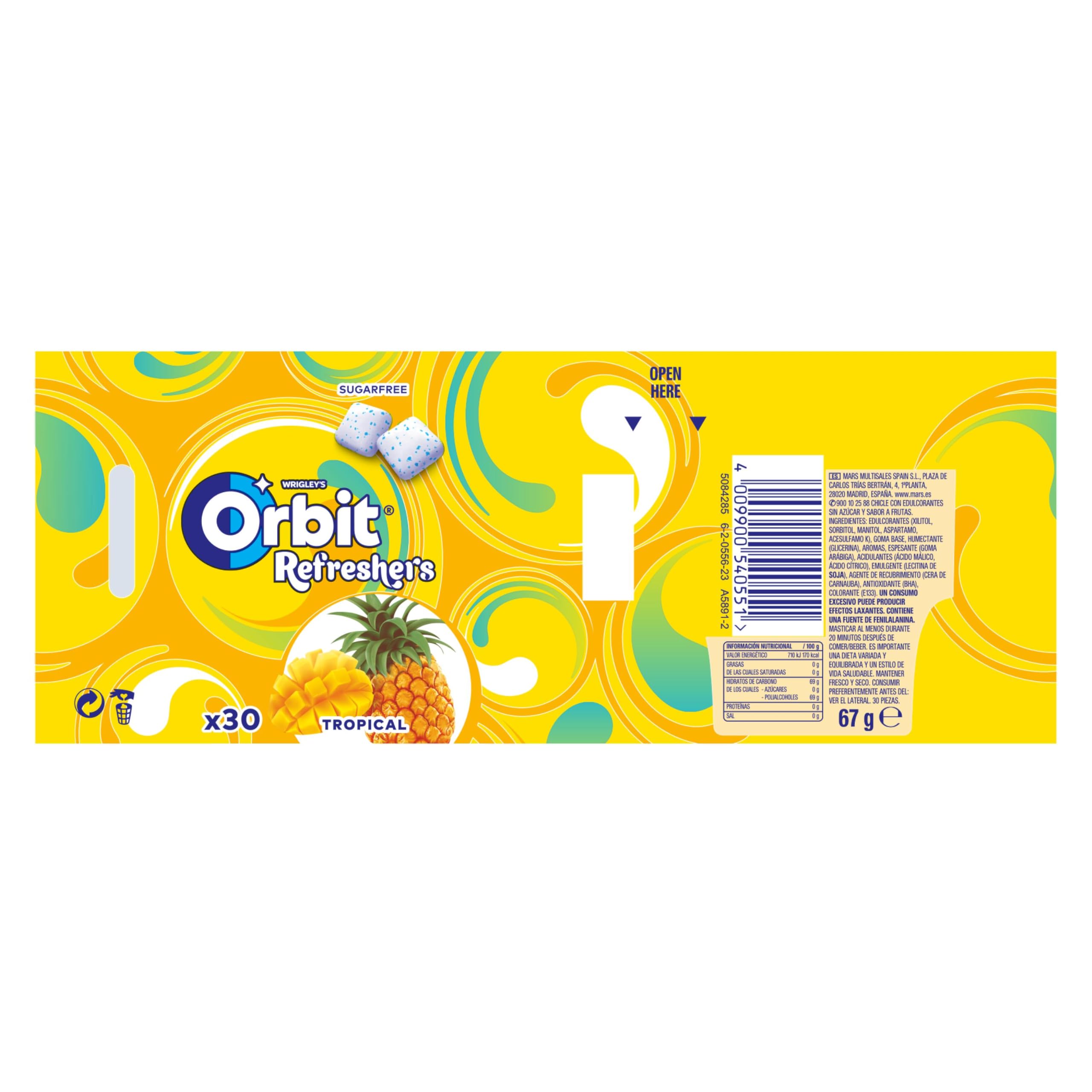 Orbit Bote de Chicles Sin Azúcar Sabor Tropical, Afrutado, Intenso y de Larga Duración (6 x 30 chicles)