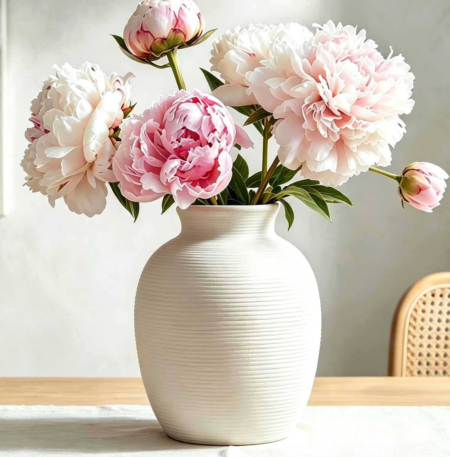 CUCUMI White Ceramic Vase for Flowers, 8in Waterproof Pottery