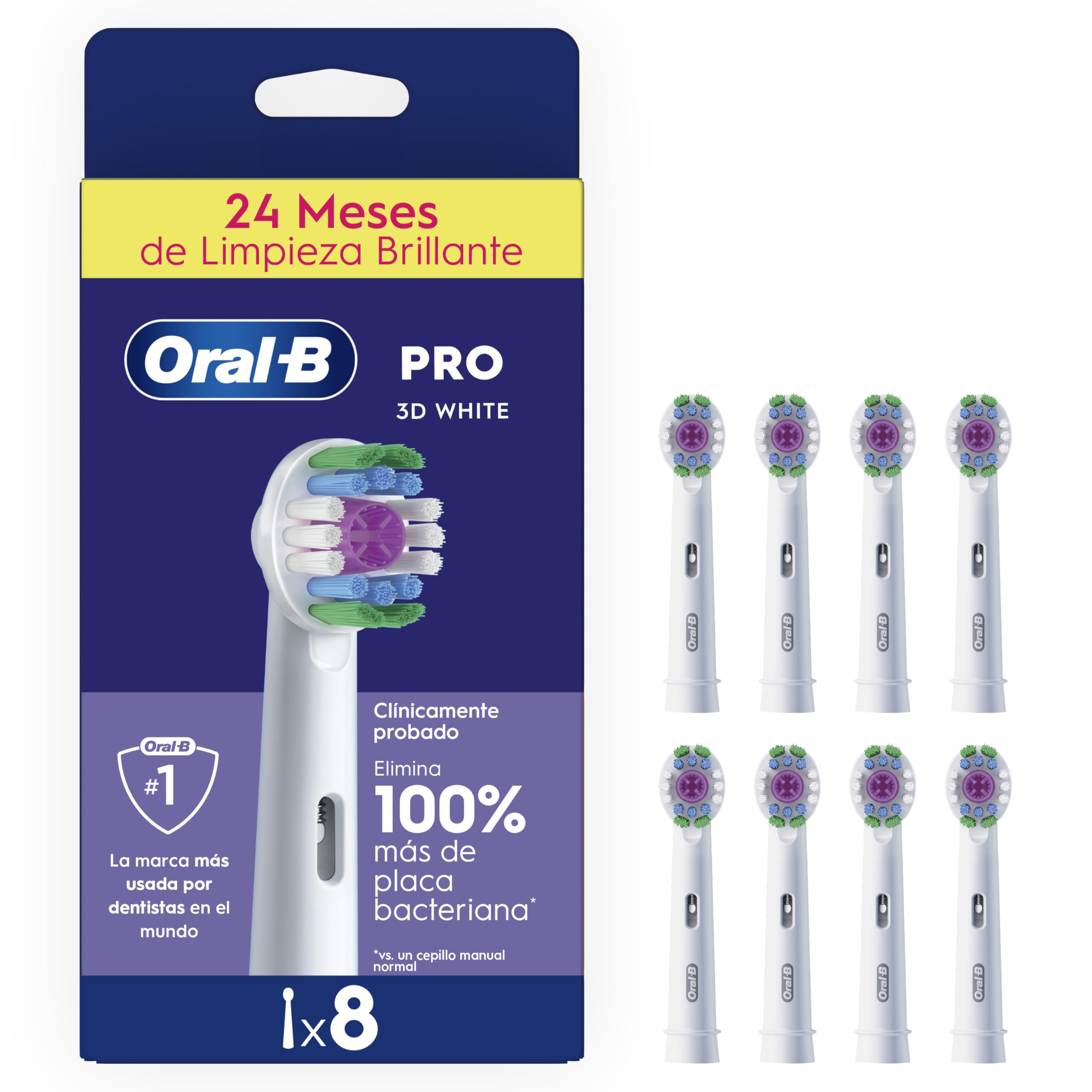 Oral-B Pro 3D White Cabezales de Recambio Originales, Blanco, Pack de 8 - Recambios para Cepillo Eléctrico Oral B Pro, Eliminación de Manchas Superficiales, Efecto Blanqueador