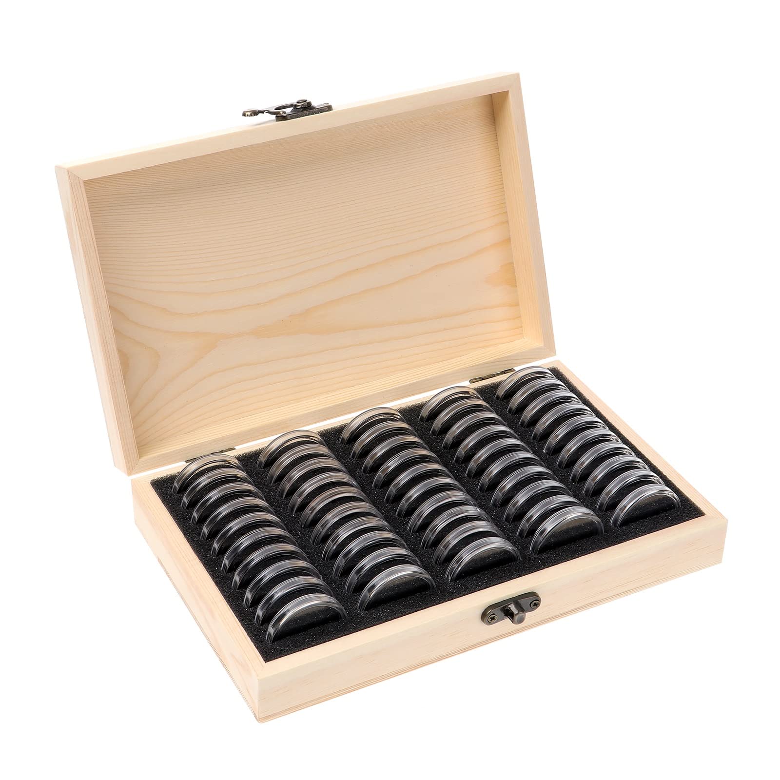 Kyrio Coin Case Wooden Coin Case with 50 Round Plastic Coin Capsules, Coin Organiser Coin Protector for Coin Collectors (18mm/20mm/23mm/25mm/27mm/30mm)