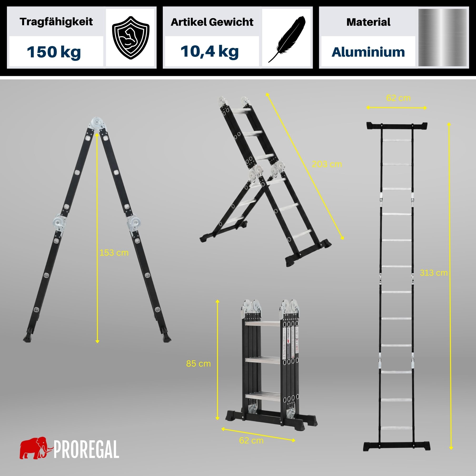 Échelle Multifonction MULTISTEP 3 Sections en Aluminium 4x3 barreaux Noire Hauteur maximale : 3,13 m Charge maximale : 150 kg Escabeau, échelle Extensible