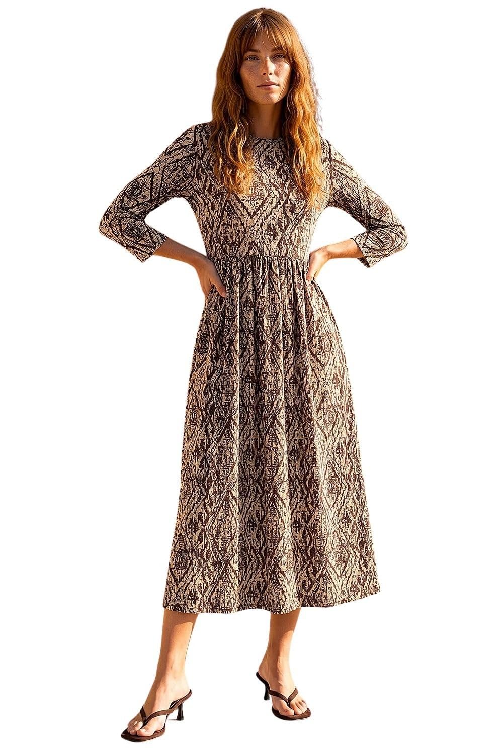 Roman Aztec Print Midi Dress, Brown, Size 16, Women