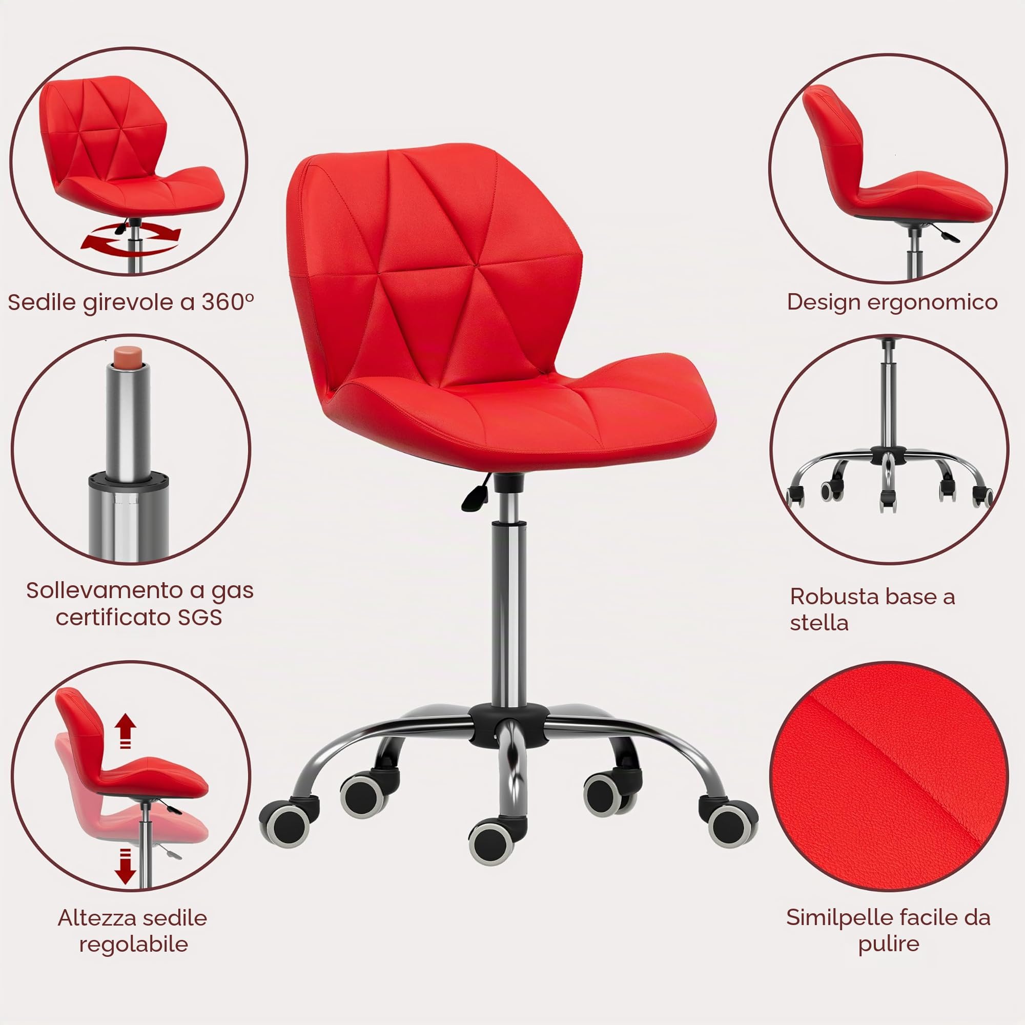 Vida Designs Geo Sedia da Ufficio per Computer, Colore Rosso, con Gambe Regolabili e Girevoli, H 80 96 x W 47.5 x D 49 cm