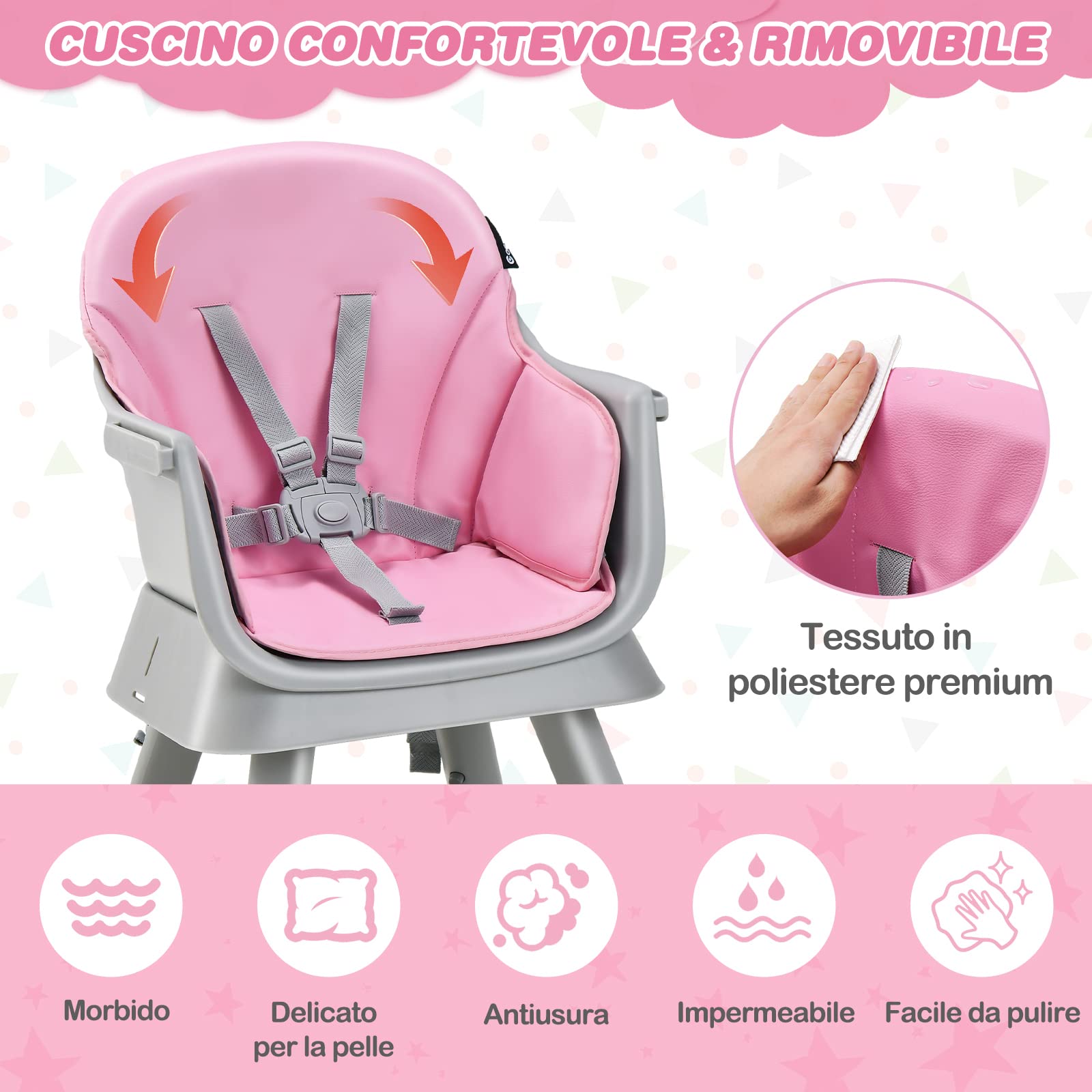 COSTWAY 6 in 1 Seggiolone Pappa per Bambini, Seggiolone per Neonati Convertibile, con Vassoio Rimovibile e Regolabile, Imbracatura a 5 Punti, Tavolo per Costruzioni, per Bambini 6+Mesi (Rosa)