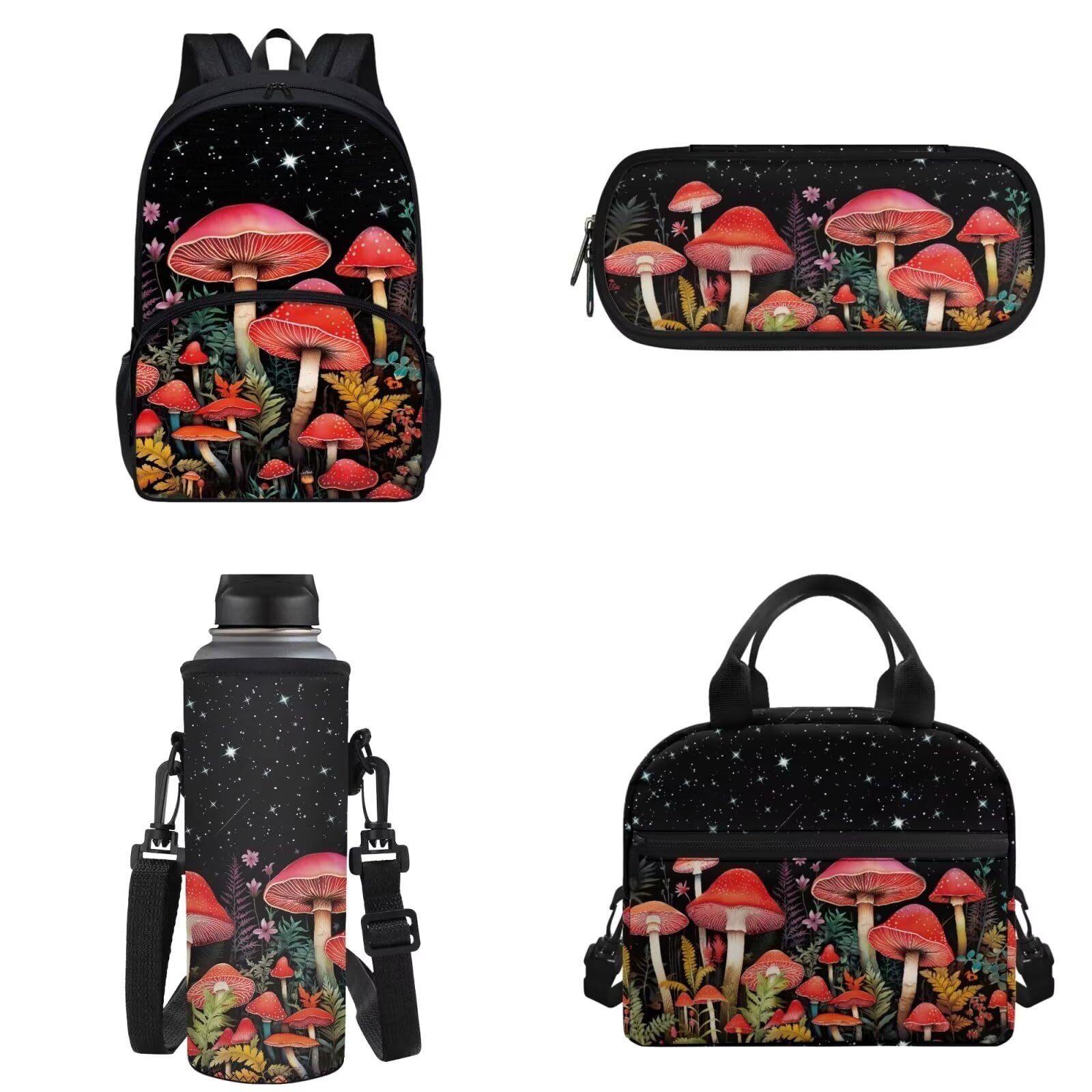 FUIBENG Cottagecore Mushroom Backpack 4 Pcs Cute Wild Flower Mushroom Schoolbag Set with Lunch Box Pencil Holder Case Water Bottle Carrier Bag Sling