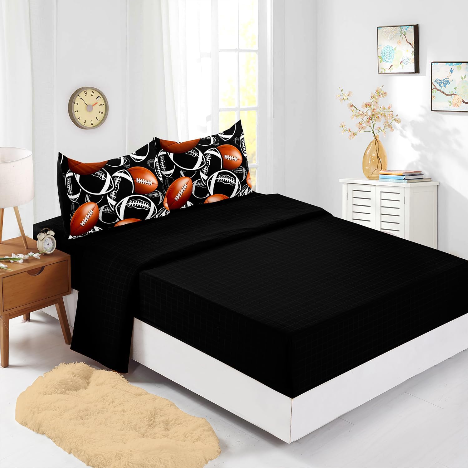 Cartoon Rugby Comforter Set 7Pcs Sports Brown Rugby American Football Bedding Set for Kid Teen Girl Boy Black White Rugby Quilt Bed Decor Full with 2 Sheets,2 Pillowcases,2 Throw Pillow Covers - Image 3