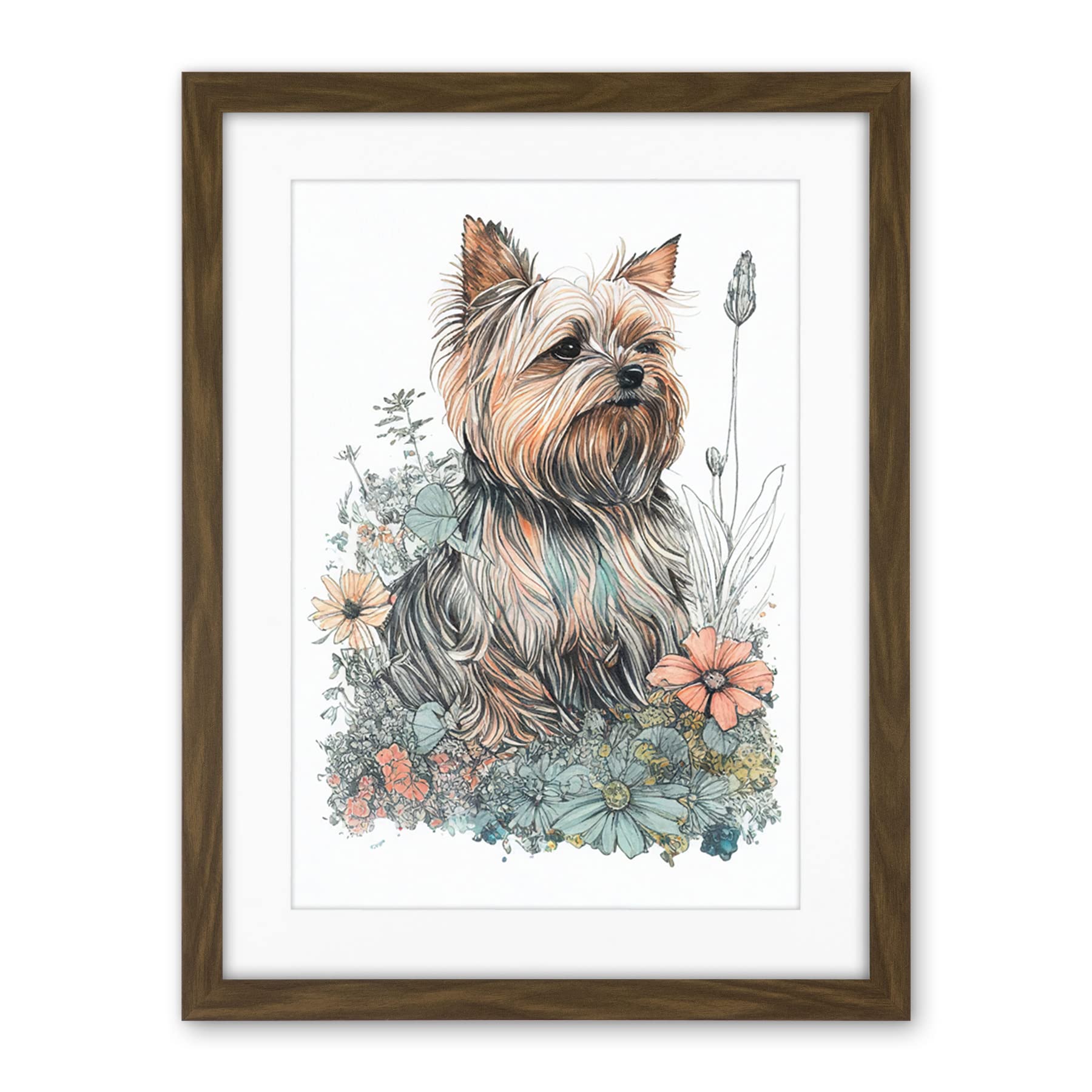 Artery8 Yorkshire Terrier Dog in Wildflowers Bright Watercolour Illustration Artwork Framed Wall Art Print 18X24 Inch