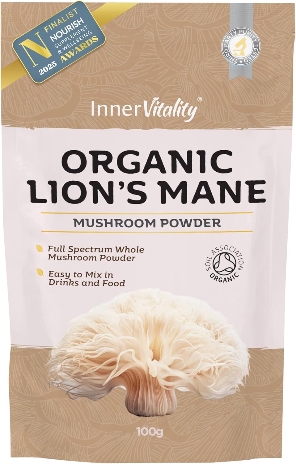 Organic Lions Mane Mushroom Powder, Brain Support & Focus High Strength Full-Spectrum Supplement for Mental Performance – 100g by Inner Vitality