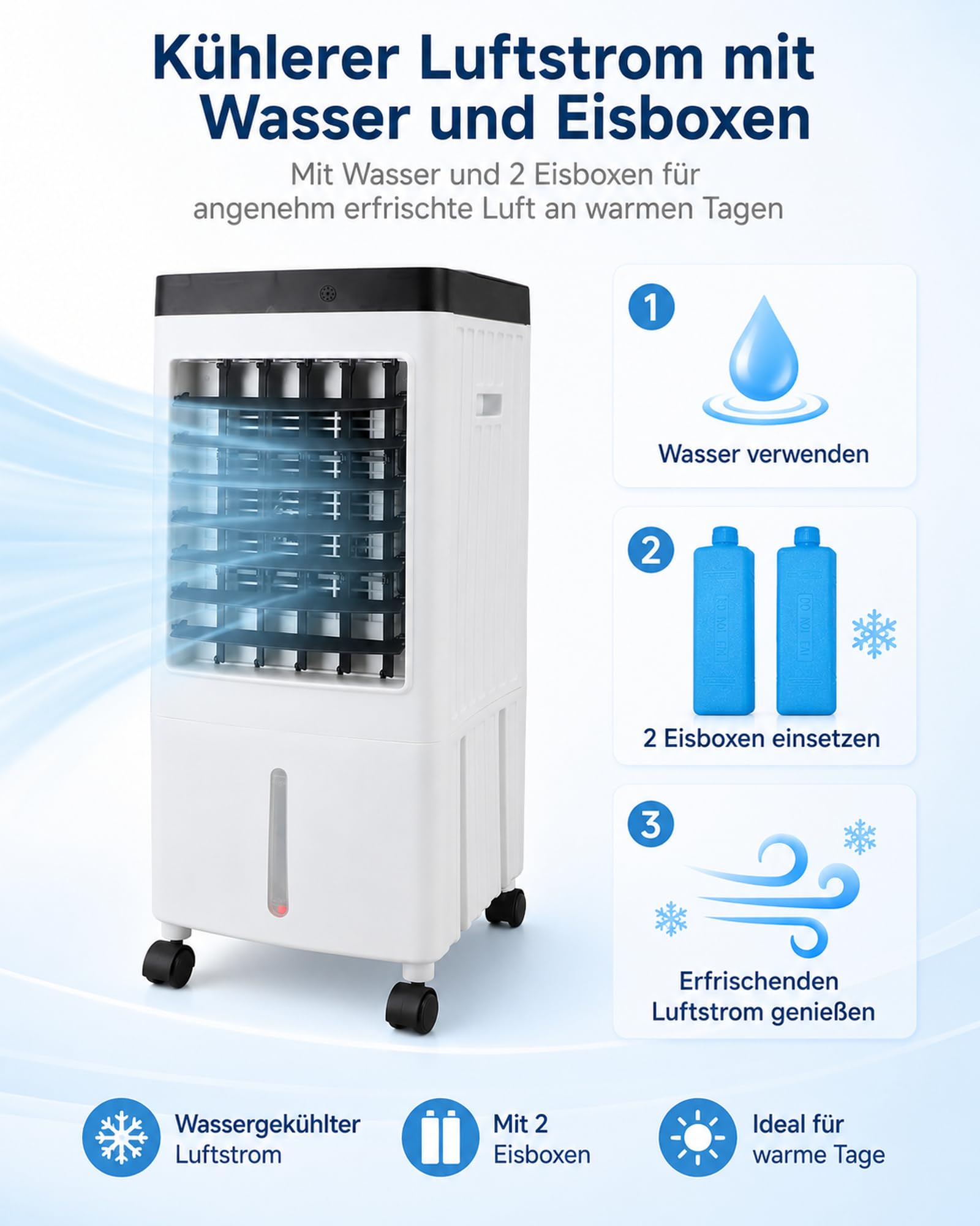 Luftkühler Mobiles Klimagerät ohne Abluftschlauch, Wassergekühlter Kühlventilator mit 3 Windstufen, Fernbedienung, Eisboxen und Schwenkfunktion für Zuhause, Schlafzimmer und Büro