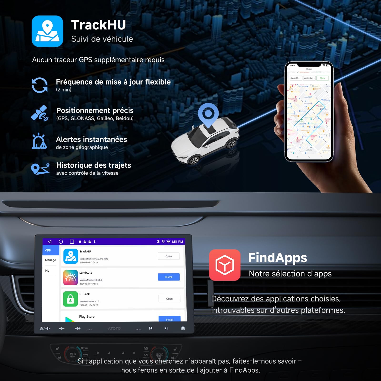 A5L 10.1 Pouces 2 DIN & 1 DIN Adaptatif Autoradio Android, Écran Flottant Voiture, CarPlay & Android Auto sans Fil, 24 Bandes, Suivi GPS, Caméra de Recul, HD LRV, 2G+32G, DSP/FM/RDS
