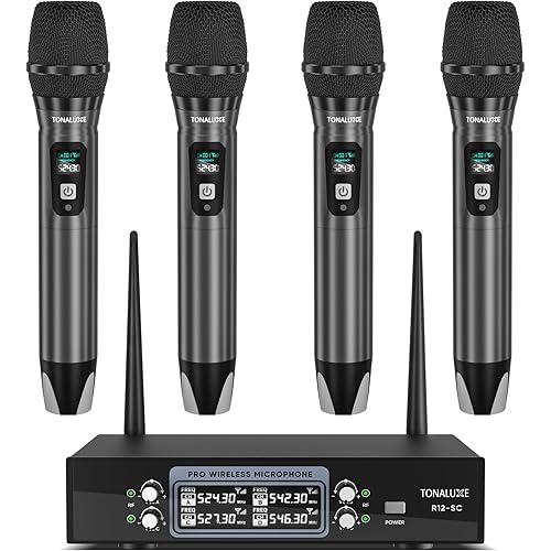 4 Channel Wireless Microphone System with Metal Receiver, 4 Handheld Mics, Independent Volume Control, 262ft Range, UHF Karaoke Mic Set for Home Party, Classroom, Church, Wedding, Events