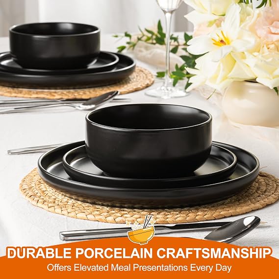 EWFEN Plates and Bowls Sets, 24 Pieces Ceramic Dinnerware Set for 8, Stoneware Dishware Dishes Set, Scratch Resistant Dishes Set, Dishwasher & Microwave Safe, Black