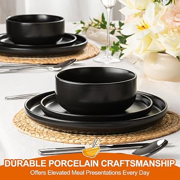 EWFEN Plates and Bowls Sets, 24 Pieces Ceramic Dinnerware Set for 8, Stoneware Dishware Dishes Set, Scratch Resistant Dishes Set, Dishwasher & Microwave Safe, Black