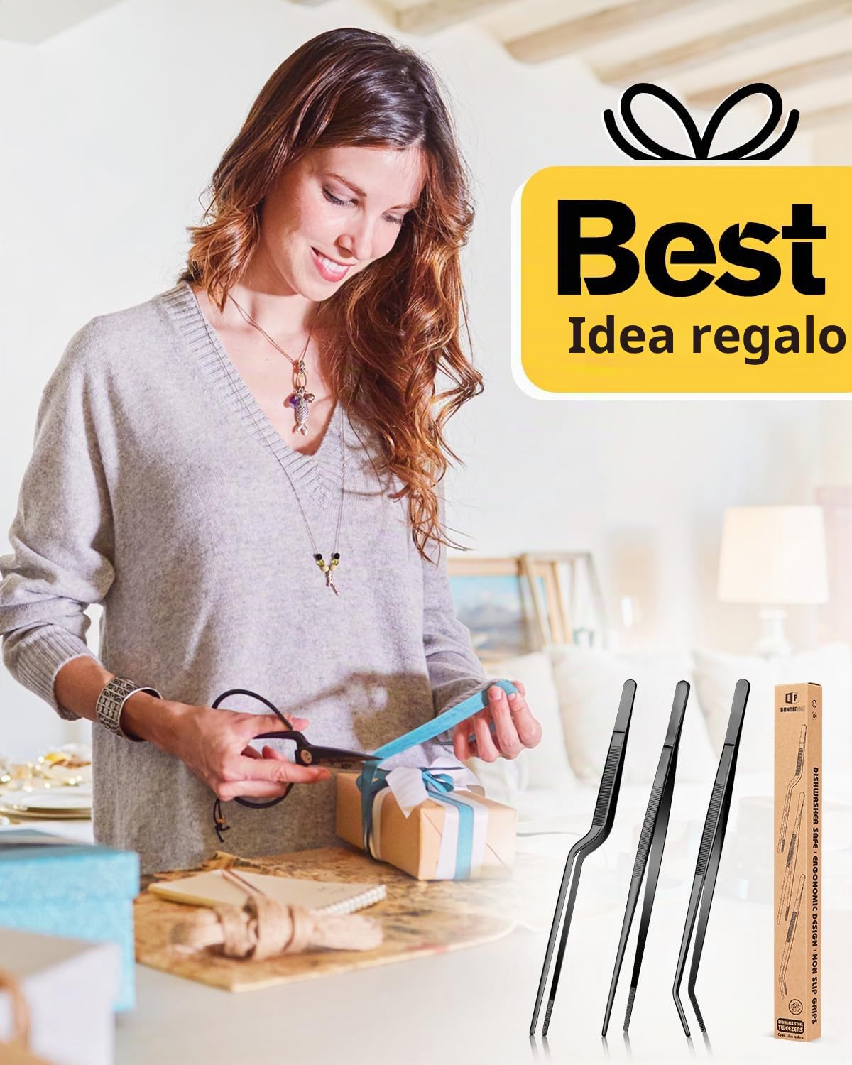 Set di pinzette da cucina, pinze professionali per alimenti in acciaio inox, pinzetta da cucina nera lunga per cucinare, impiattare, decorare e barbecue (NERO, 25,5 CM)
