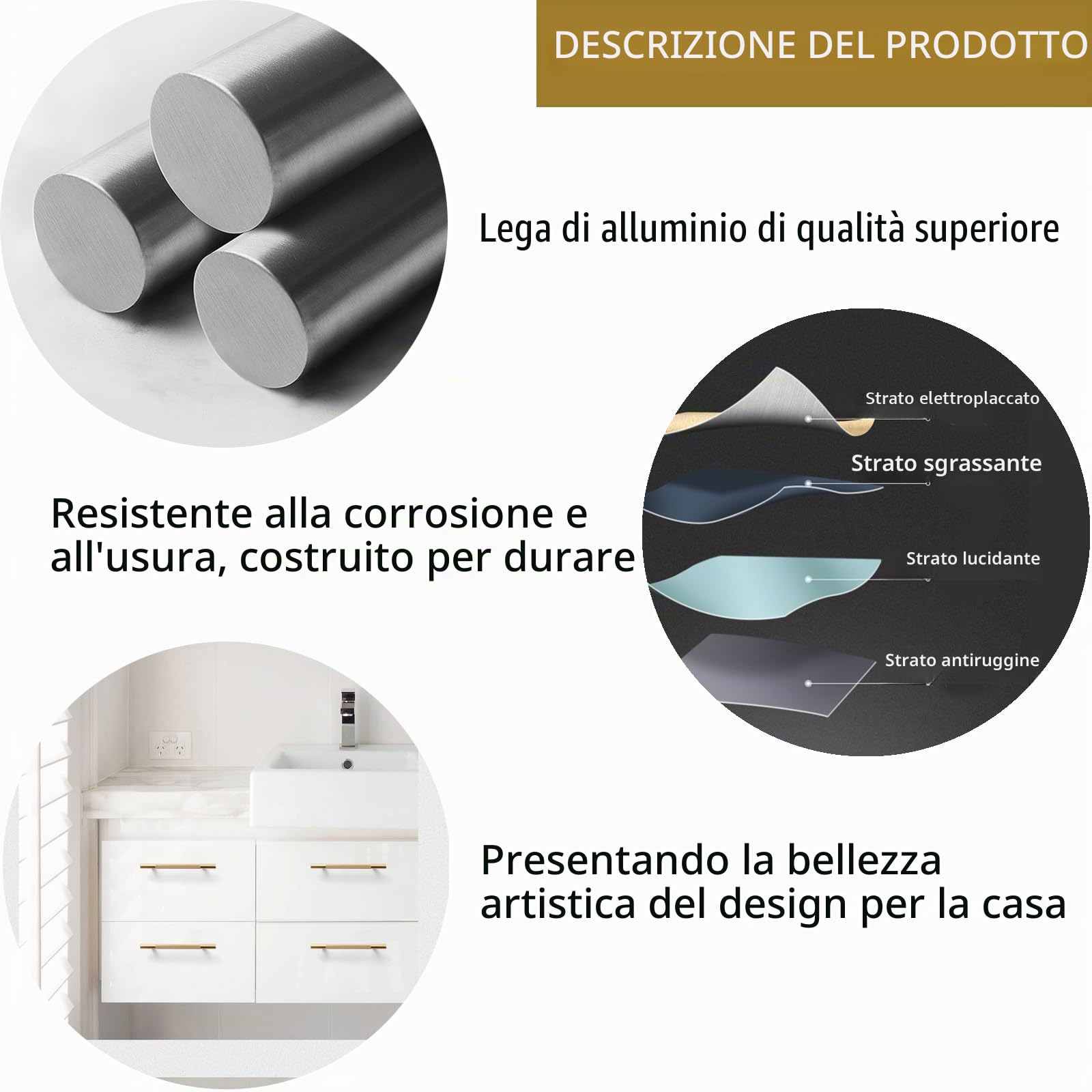 Bikasun 5 Pezzi maniglie dorate per armadi 96 mm, distanza tra i fori, maniglie per mobili oro, maniglie per armadi da cucina, maniglie per cassetti, Maniglie Armadio Camera da Letto