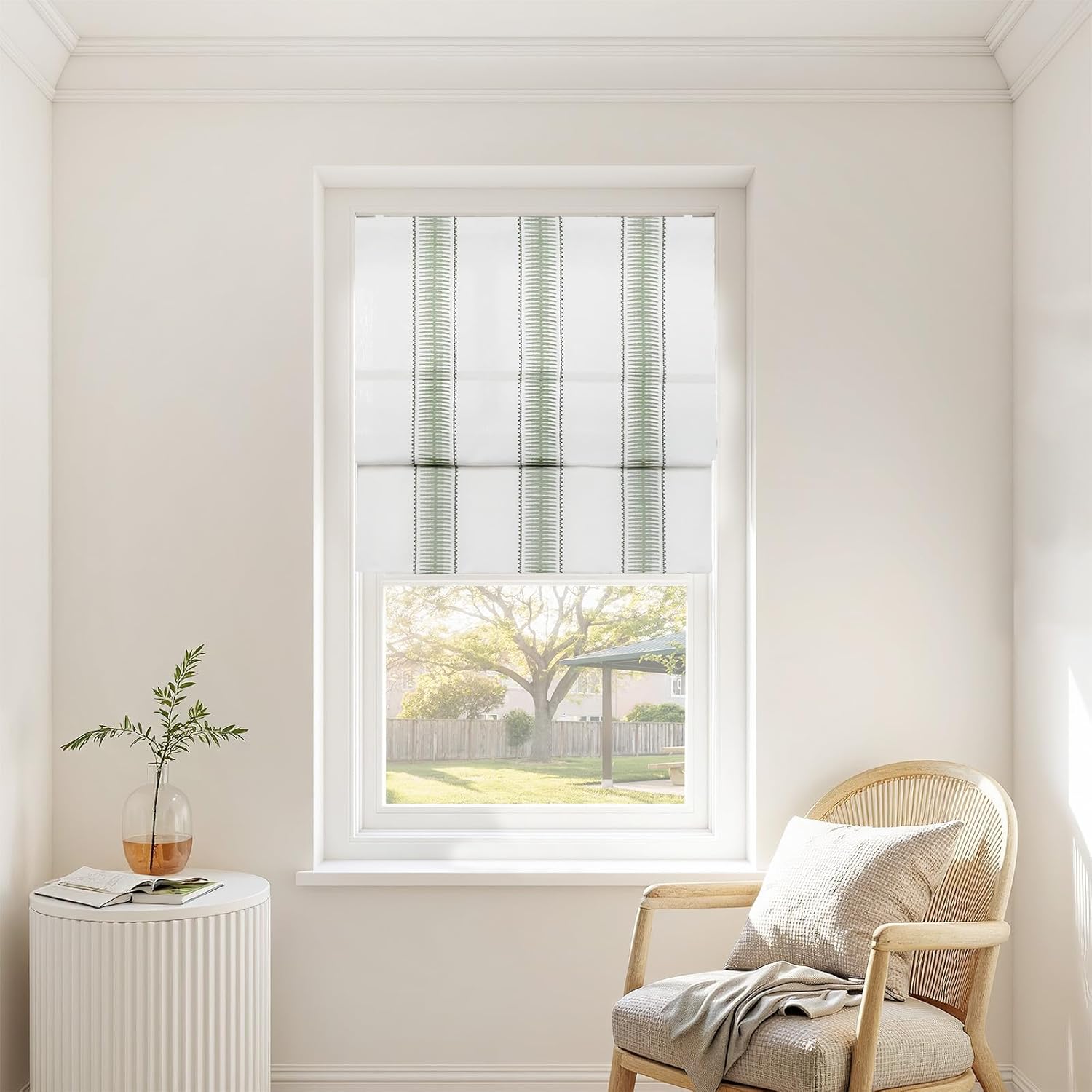 TWOPAGES No Drill Cordless Roman Shade Stripe Embroidered Geometric Pattern Roman Window Shade Customized Linen Cotton Light Filtering Roman Blind for Kitchen Windows,1 Piece, Leaf