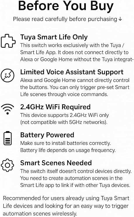 Smart Switch 2-Button WiFi Switch Smart Repeater Scene Switch Compatible with Tuya Smart Life