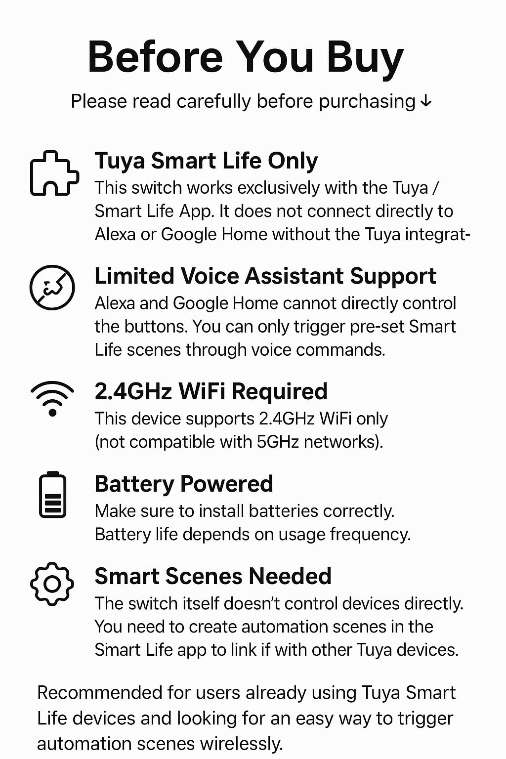 Interruptor Inteligente Interruptor Wifi de 2 Botones Interruptor Inteligente de Escena Repetidor Compatible con Tuya Smart Life(Incompatible con Alexa)