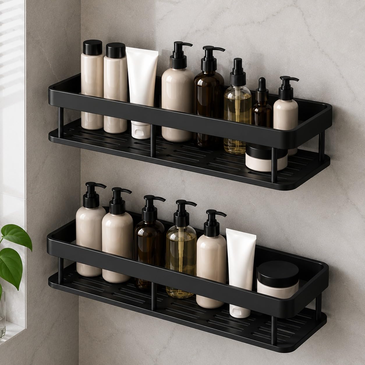 Misamo Enterprise Plastic Wall Mounted Bathroom Shelf with Adhesive Hooks, No-Drill Bathroom Organizer Rack for Shampoo, Soap & Toiletries, Waterproof Storage Shelf, Matte Black-image-31