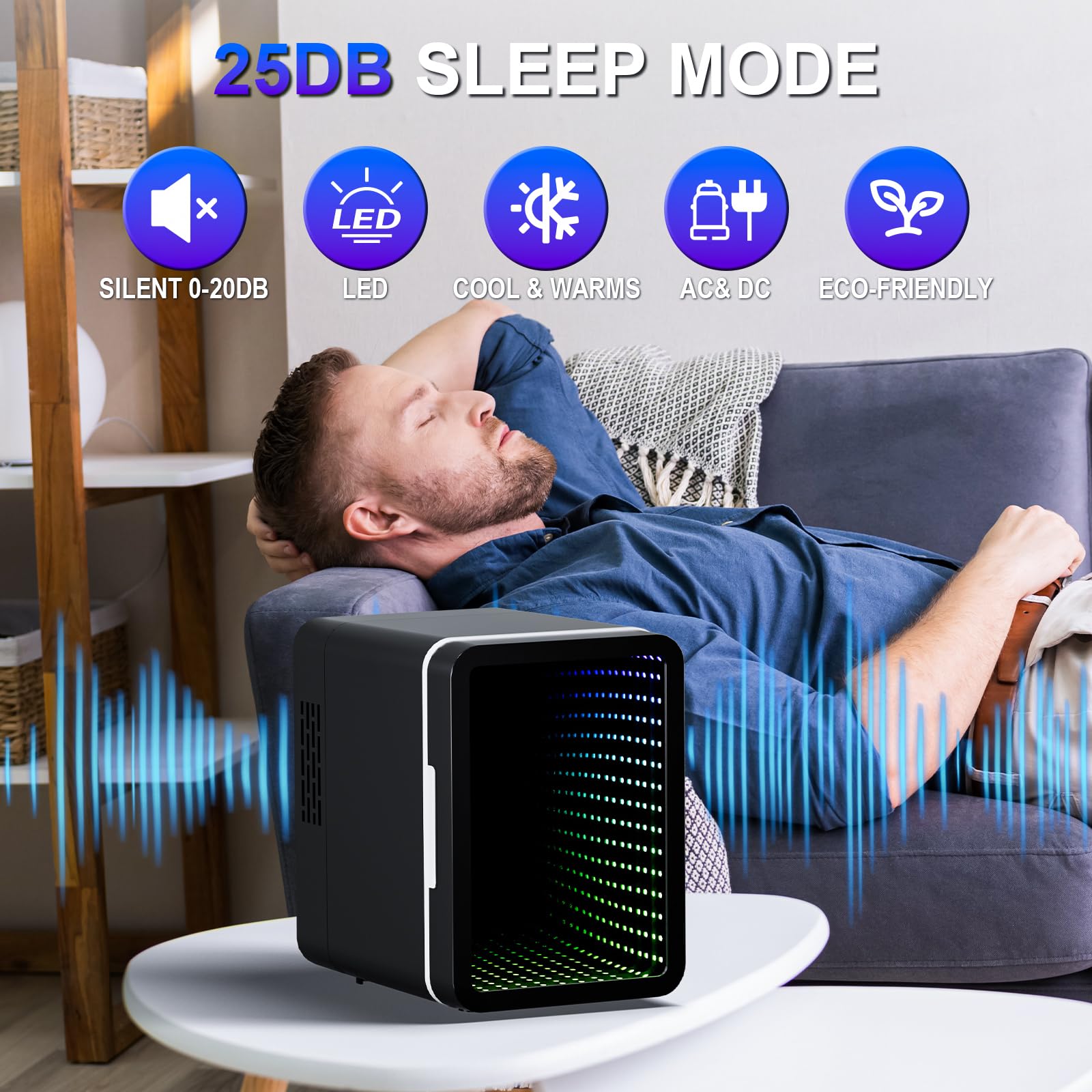 Mini Fridge, 6 Cans Small Refrigerator With LED Light, AC/DC Thermoelectric Cooler and Warmer, Ideal for Bedroom, Office, Gaming Room and Car, 12 Colors Light Effects, Mirror Screen Door