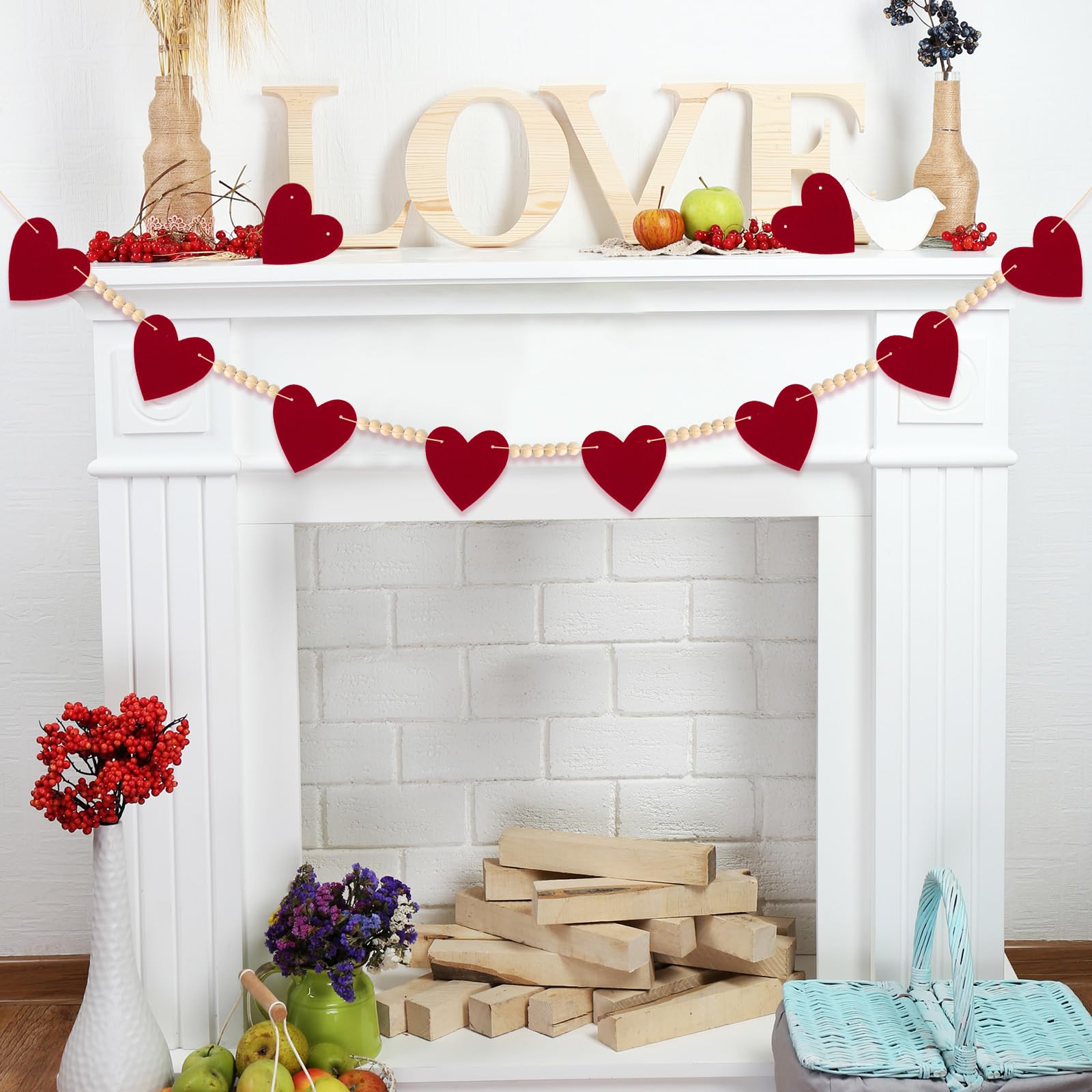 Valentines Decorations Felt Hearts Banner Garlands with Wood Beads Happy Valentines Day Banner for Home Mantel Wedding, Anniversary Party Supplies (Red)