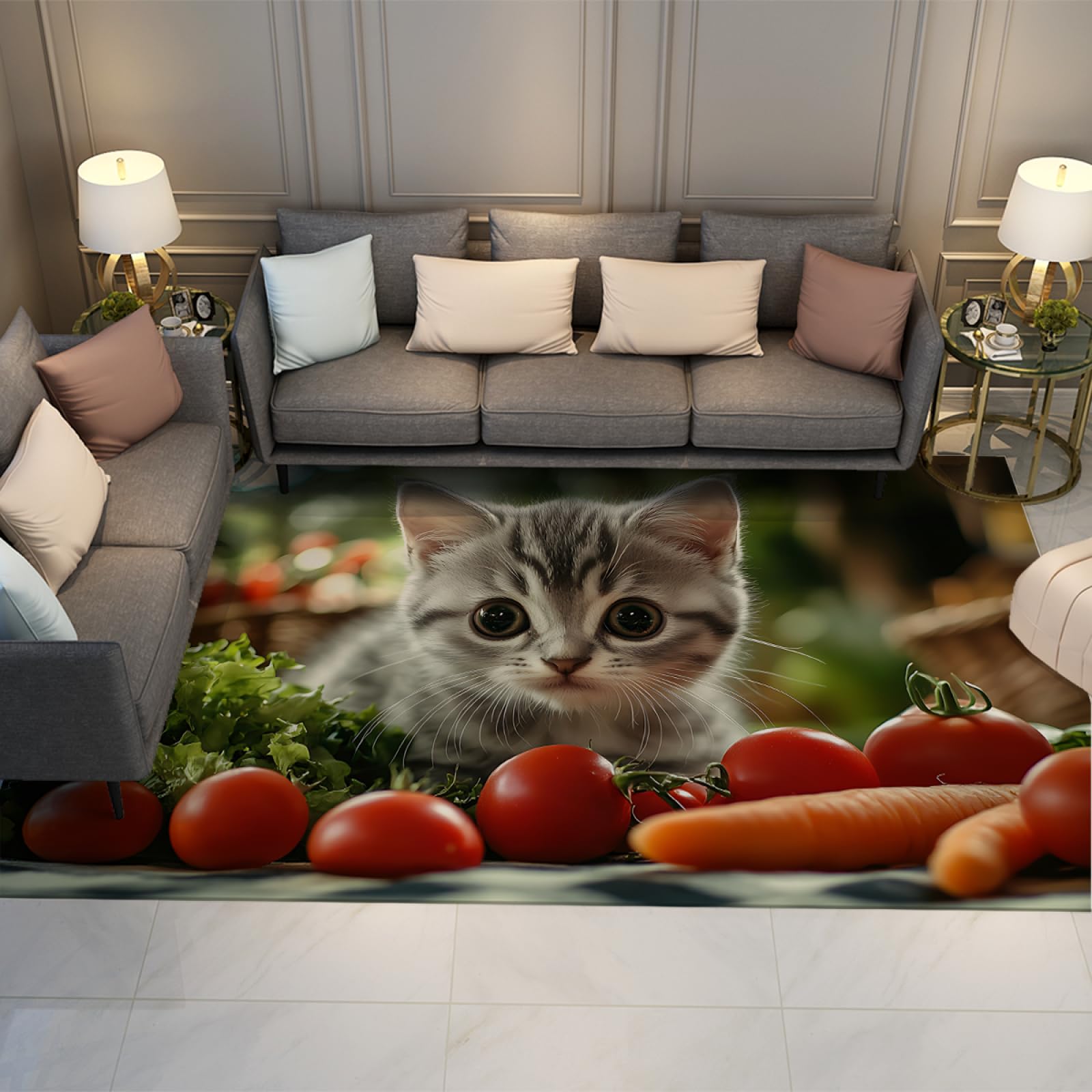 Tapis cuisine lavable chaton mignon et tomates tapis antidérapant à poils ras 160x230cm