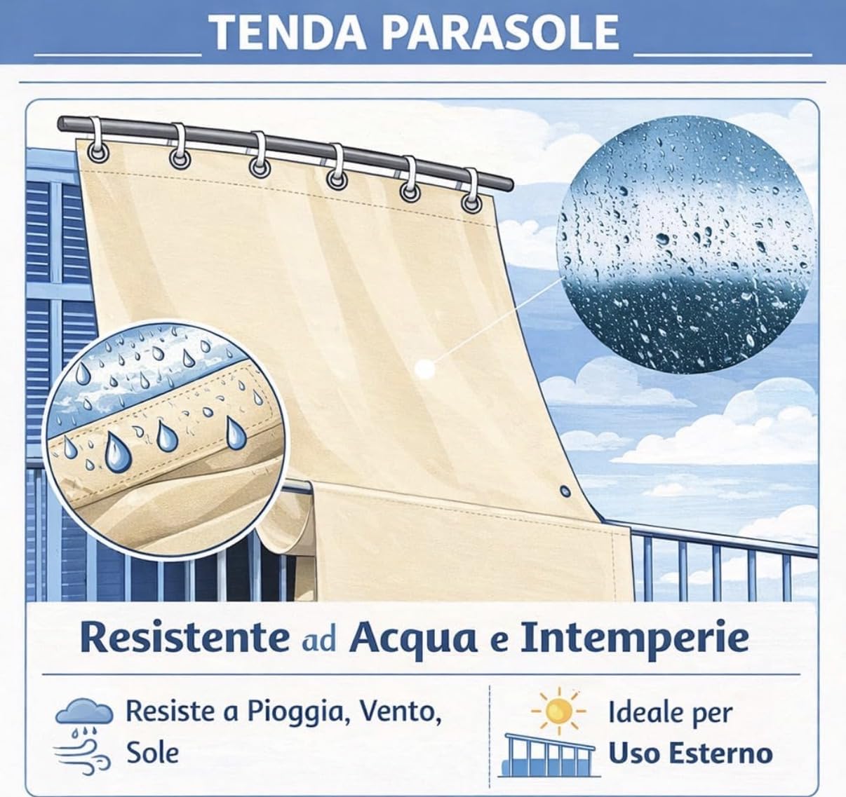 Tenda a Caduta Verticale Esterno Balcone Impermeabile Ombreggiante Anti UV Tinta Unita 290x290 cm Beige