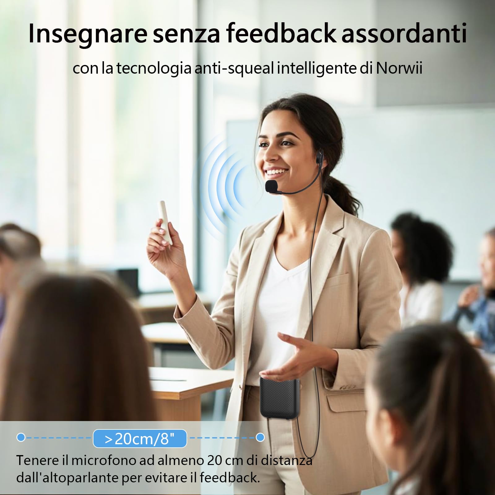 Norwii Amplificatore Vocale Portatile con Microfono Auricolare Cablato e Cintura, Mini Ricaricabile Altoparlante per Insegnanti, Guida Turistica, Allenatori, Presentatori, Riunione, Yoga