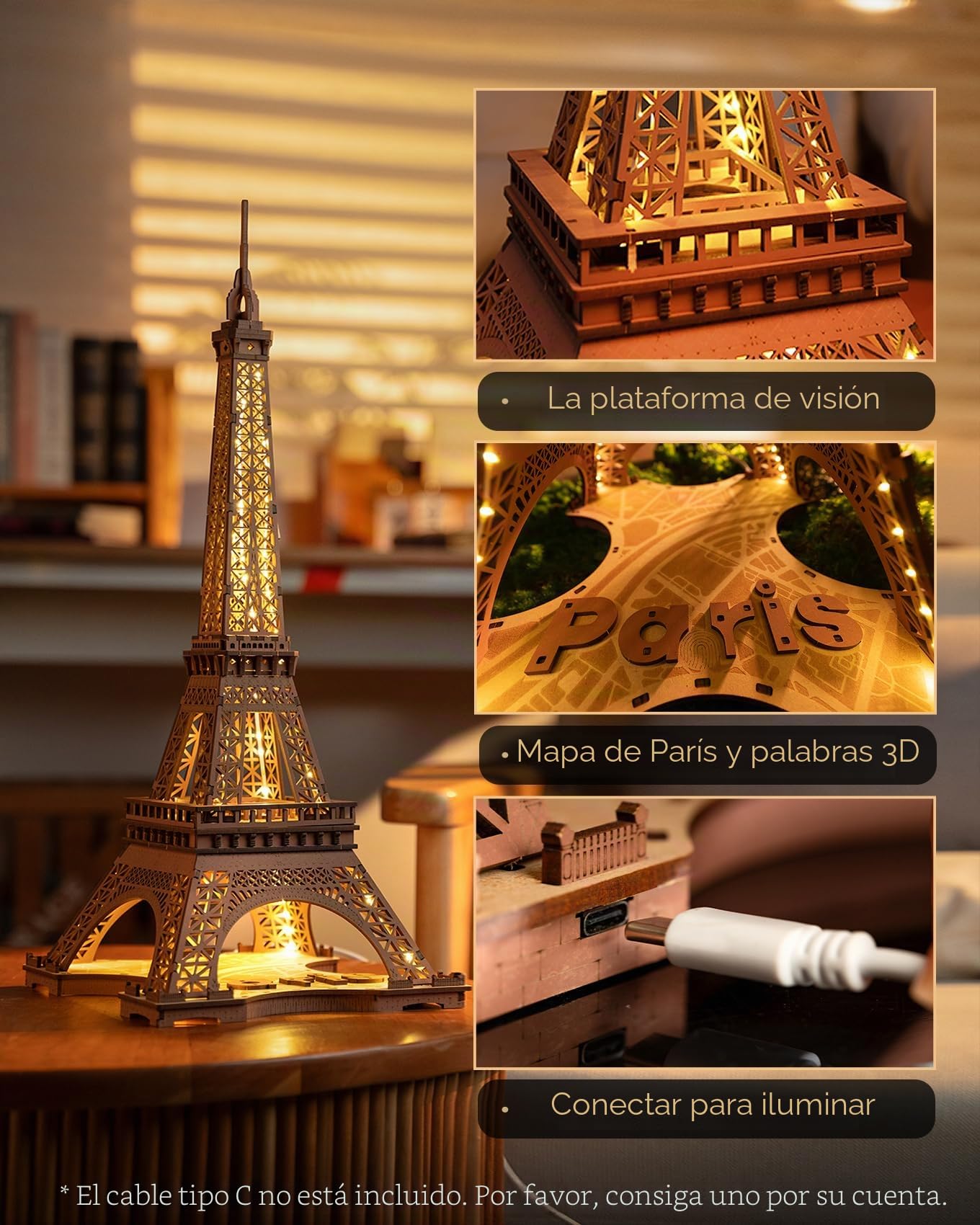 Rolife Torre Eiffel Con Luz Modelo Kits-Puzzle 3D Maquetas para Construir Montar Adultos -Arquitectura Kits de Construcción(TGL01)