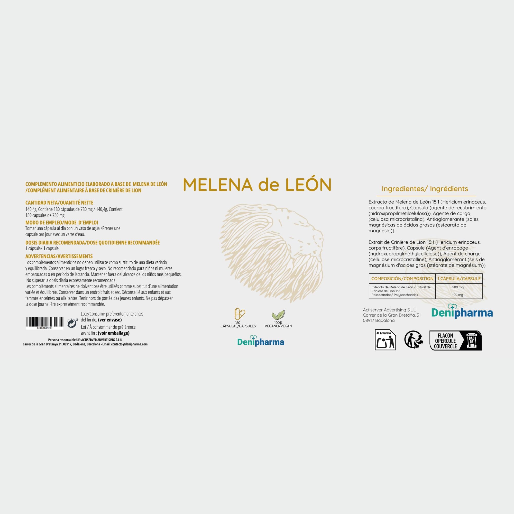 Melena de León - Nootrópico Natural – Mejora Memoria, Enfoque y Claridad Mental – Suplemento para Salud Cognitiva y Sistema Nervioso – 180 cápsulas | DENIPHARMA