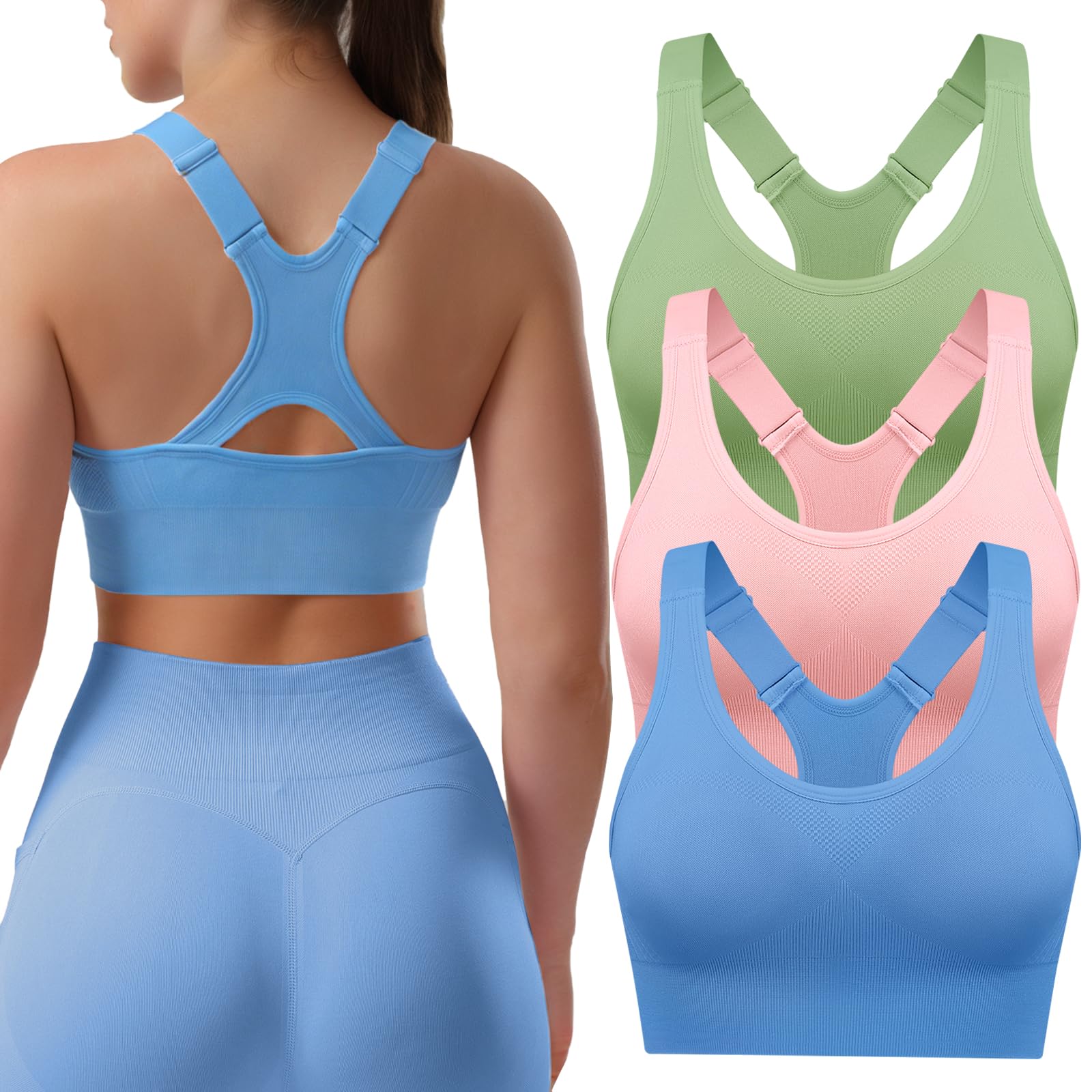 Sport-BHS für Damen im 1/3er-Pack, Racerback, Hoher Halt, Verstellbare Träger – Gepolsterte, Nahtlose Yoga-BHS fürfür Fitness, Laufen & Joggen