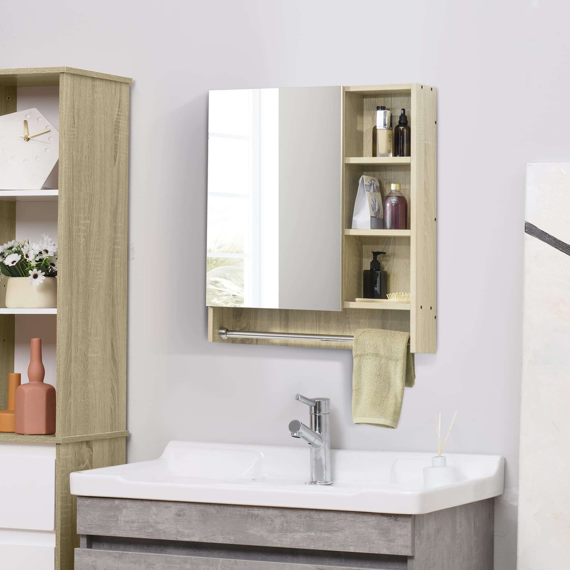 kleankin Armario de Baño con Espejo Armario de Pared con 1 Puerta Estante Ajustable Toallero y Compartimento Mueble de Baño Colgante para Salón 60x15x70 cm Roble